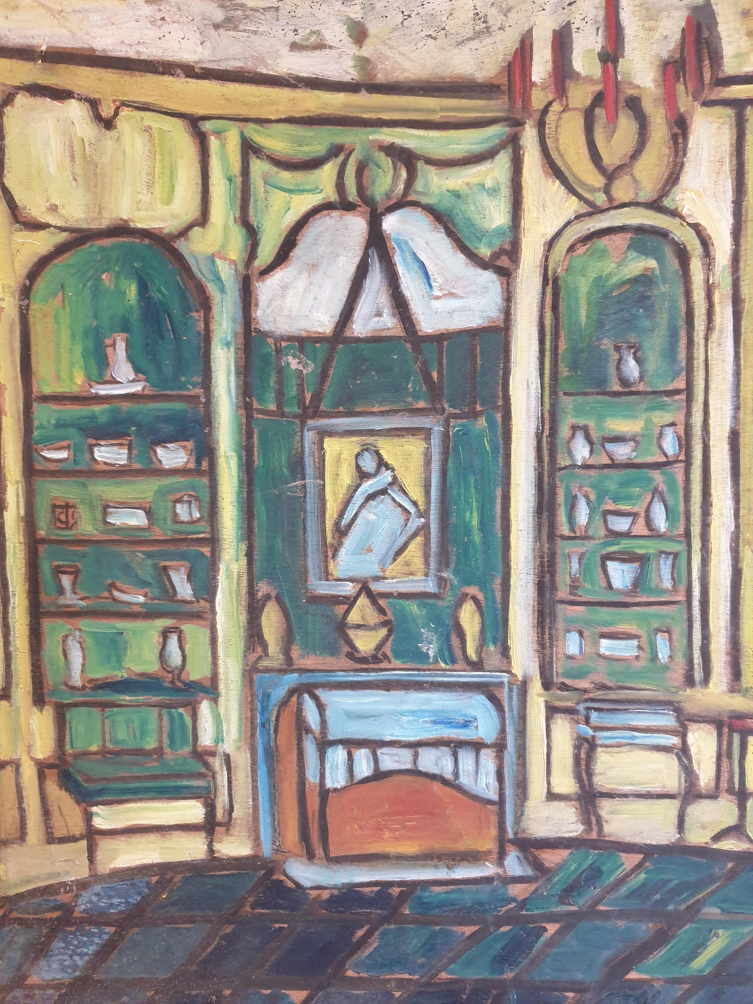 The Salon. Naiive Colourful French Chateau Interior, Oil on Board. - Painting by Unknown
