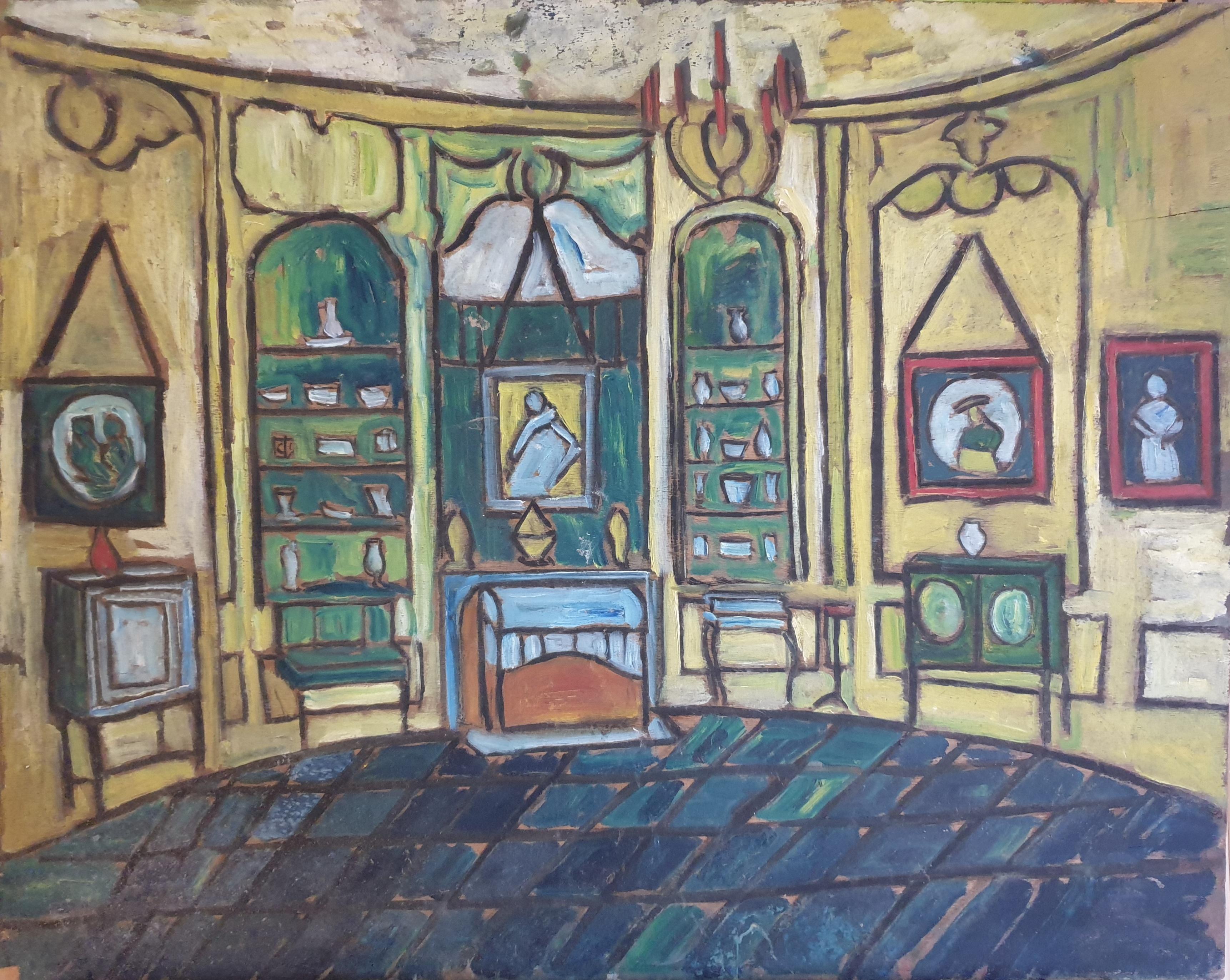 Unknown Interior Painting - The Salon. Naiive Colourful French Chateau Interior, Oil on Board.