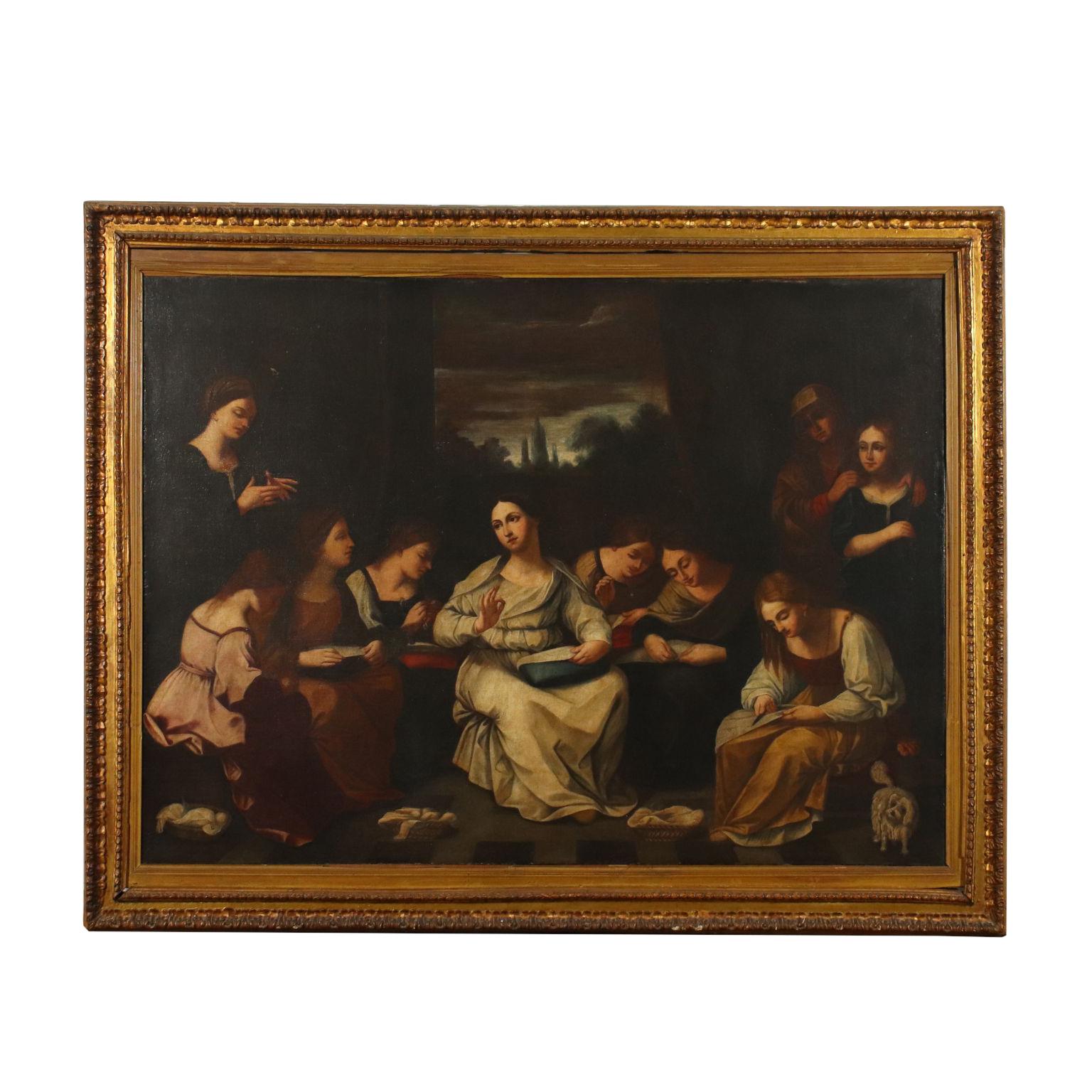 Unknown Figurative Painting - The Sewing School Oil On Canvas 18th 19th Century
