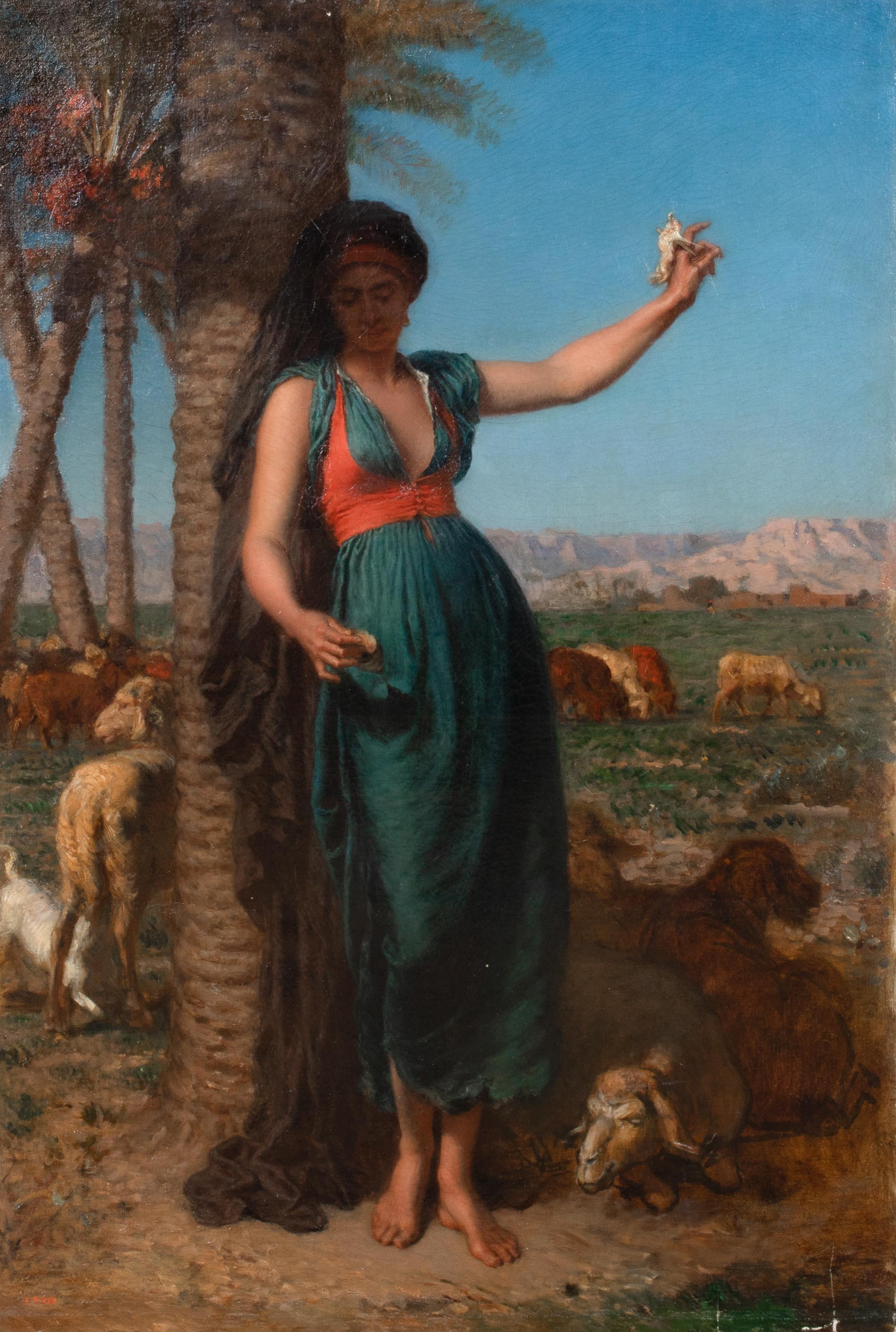 The Shepherdess, Egypt, 19th Century

by LEON ADOLPHE AUGUSTE BELLY (1827-1877) sales to $150,000

Large 19th Century French Orientalist portrait of a a young shepherdess resting in the shade with her flock grazing, oil on canvas by Leon Belly.