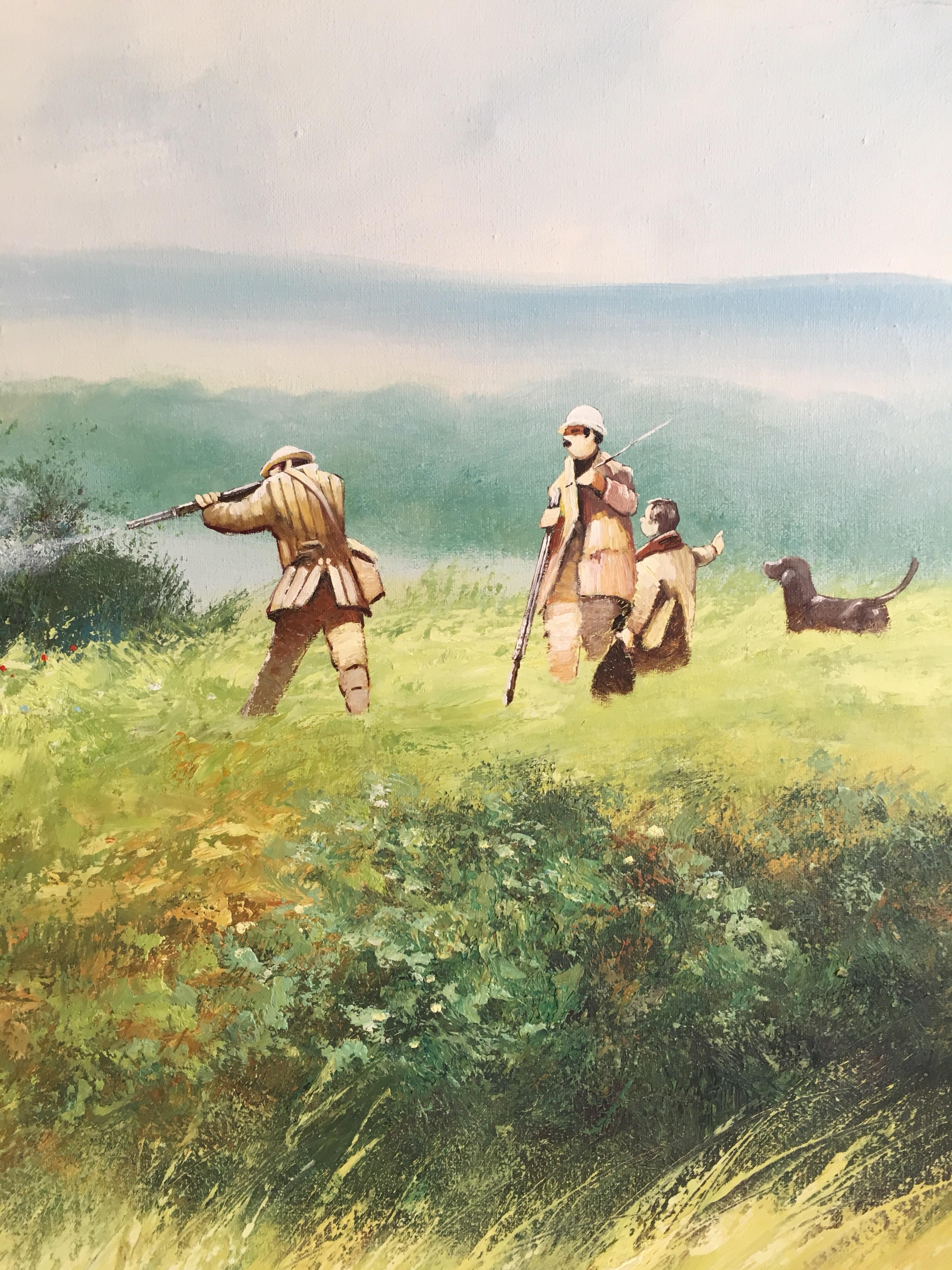 The Shooting Party - Large Signed Oil Painting - Beige Figurative Painting by Unknown