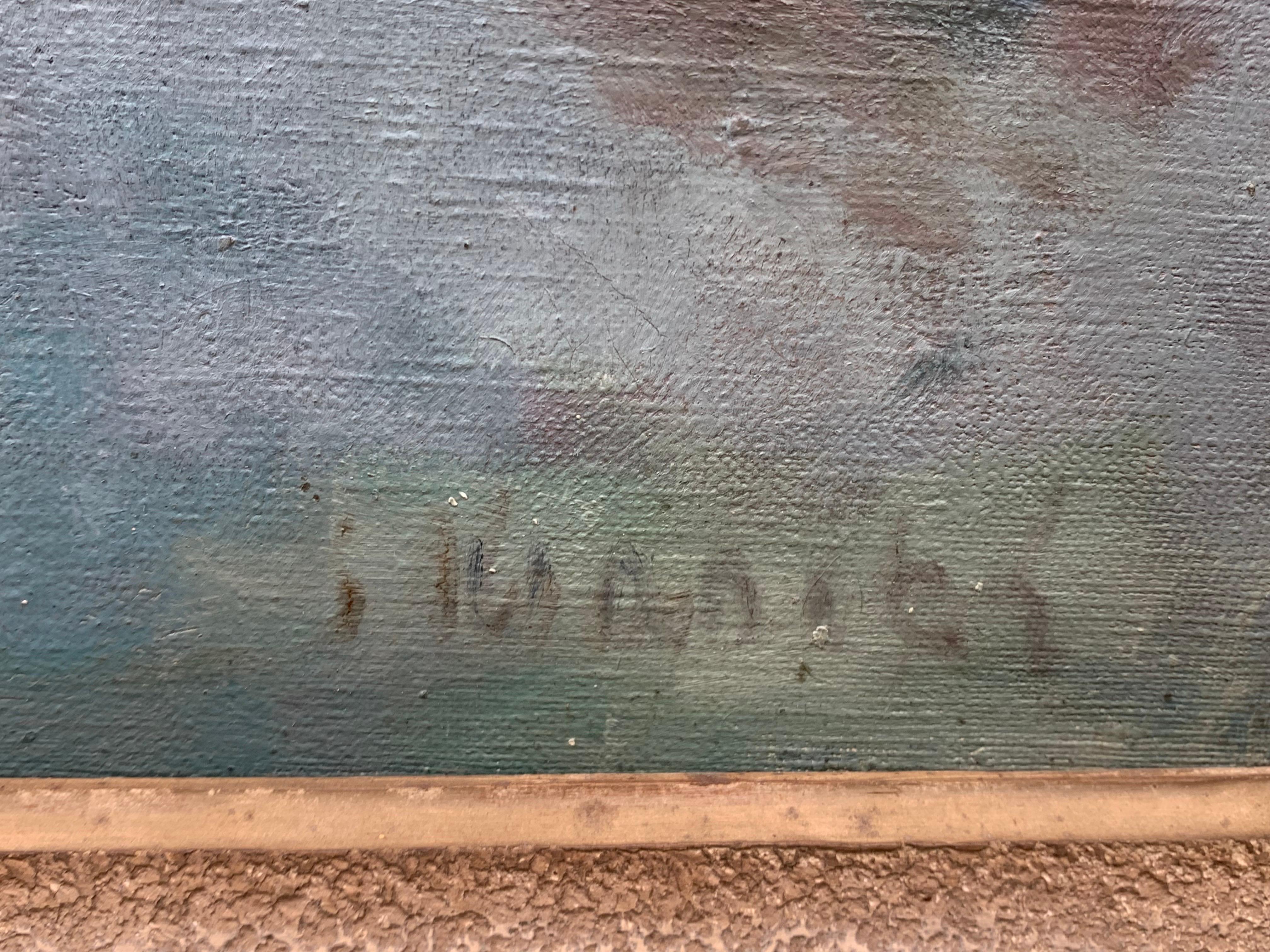 Il canale del sonno nella nebbia (1930 circa)
Olio su tela  Periodo di riferimento

Scuola di francese.

Dipinto a olio su tela, risalente agli anni '30, che raffigura una scena di canale con barche avvolte nella nebbia. 

La tavolozza utilizza toni