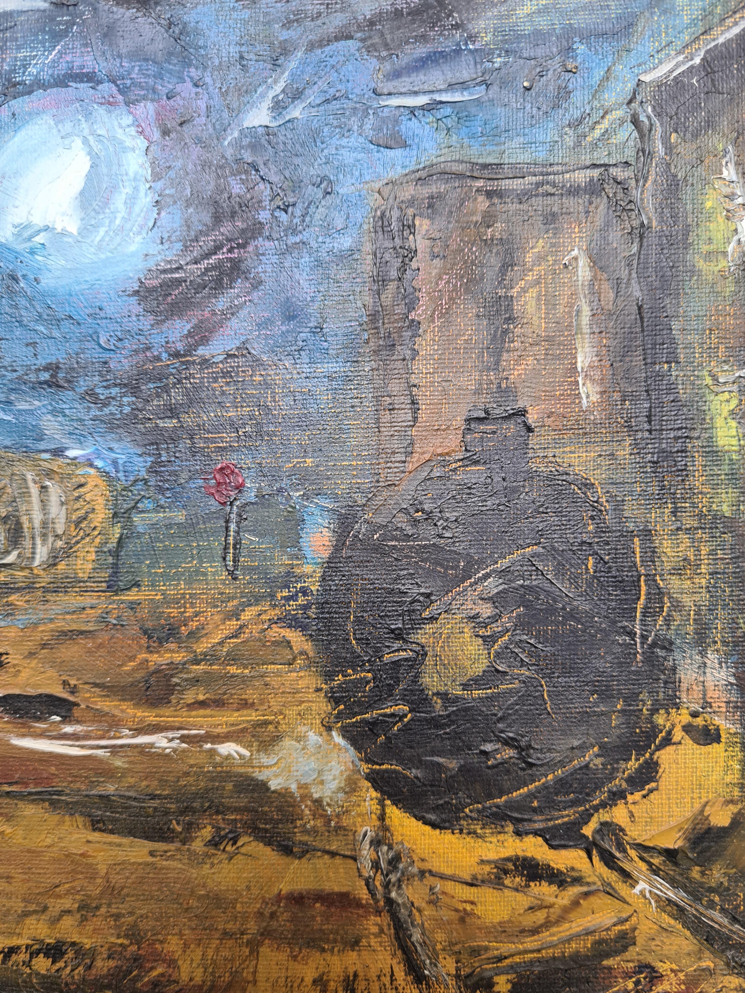 The Steam Train, Impressionist Oil After Claude Monet - Gray Landscape Painting by Unknown