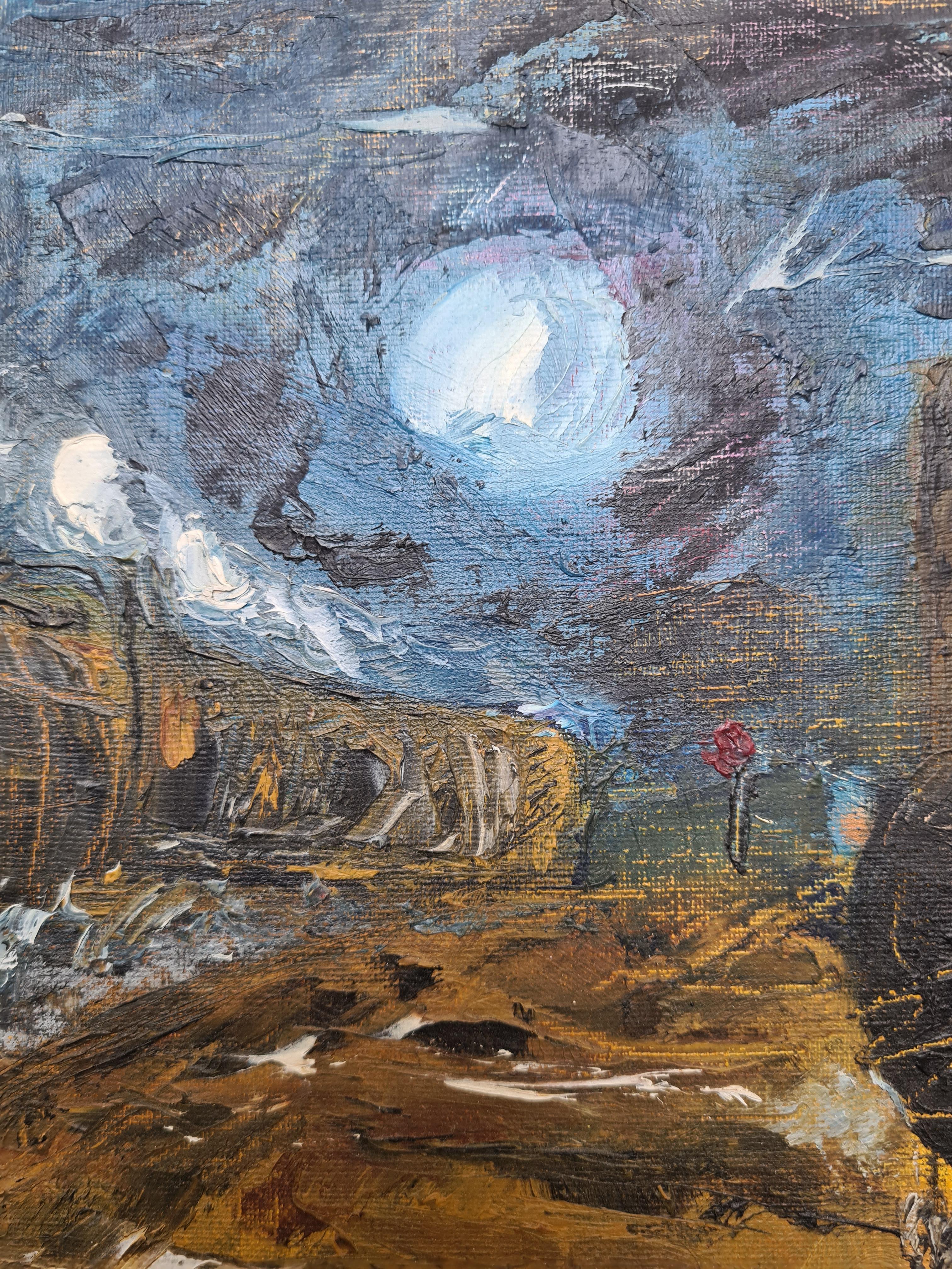 Impressionist oil on canvas board view of steam trains. The painting is not signed but the theme and handling are reminiscent of the Gard du Nord train series of Monet which may have been the inspiration.

This atmospheric and moody painting is a