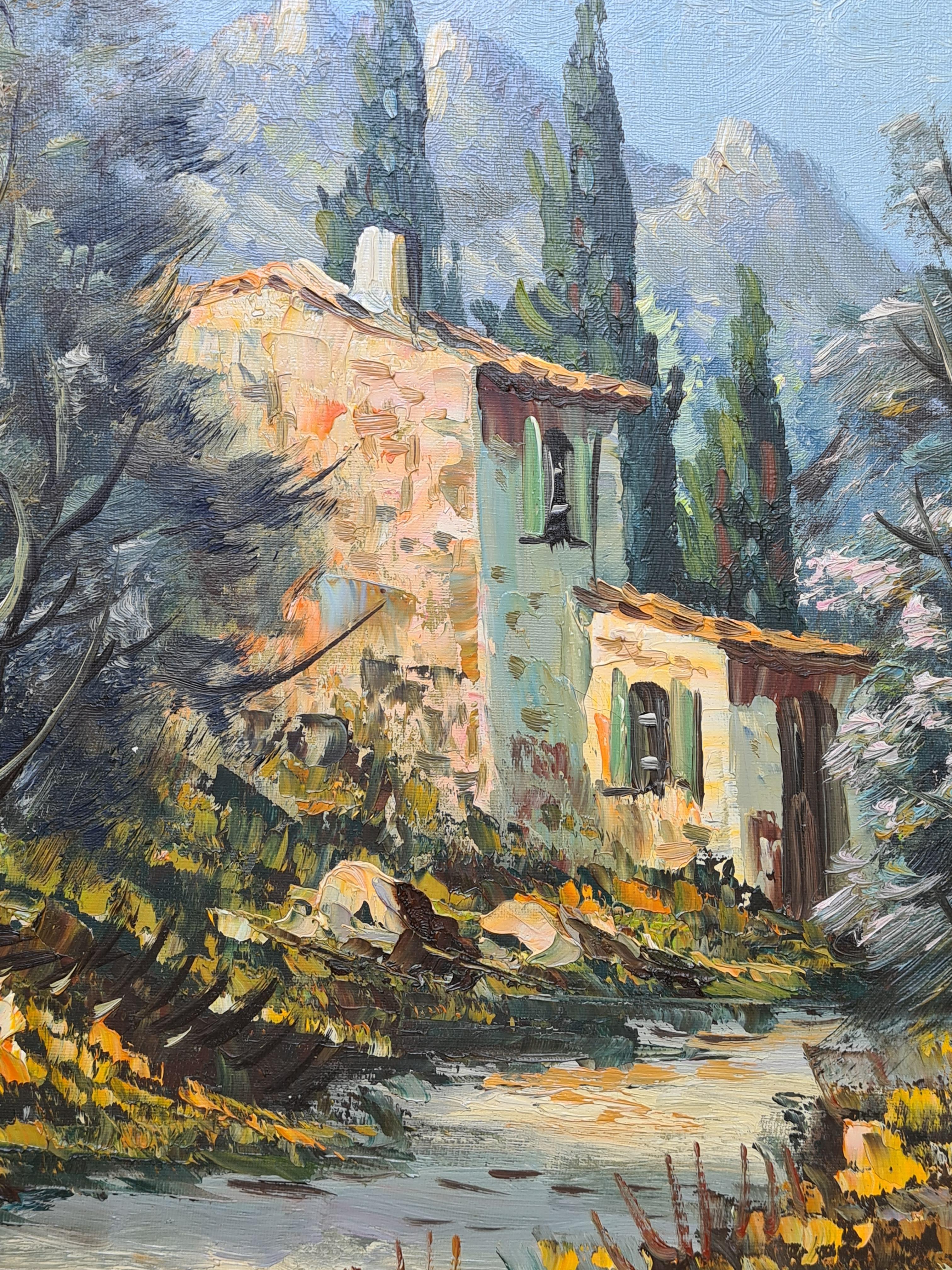 Le cottage en pierre - Gris Landscape Painting par Unknown