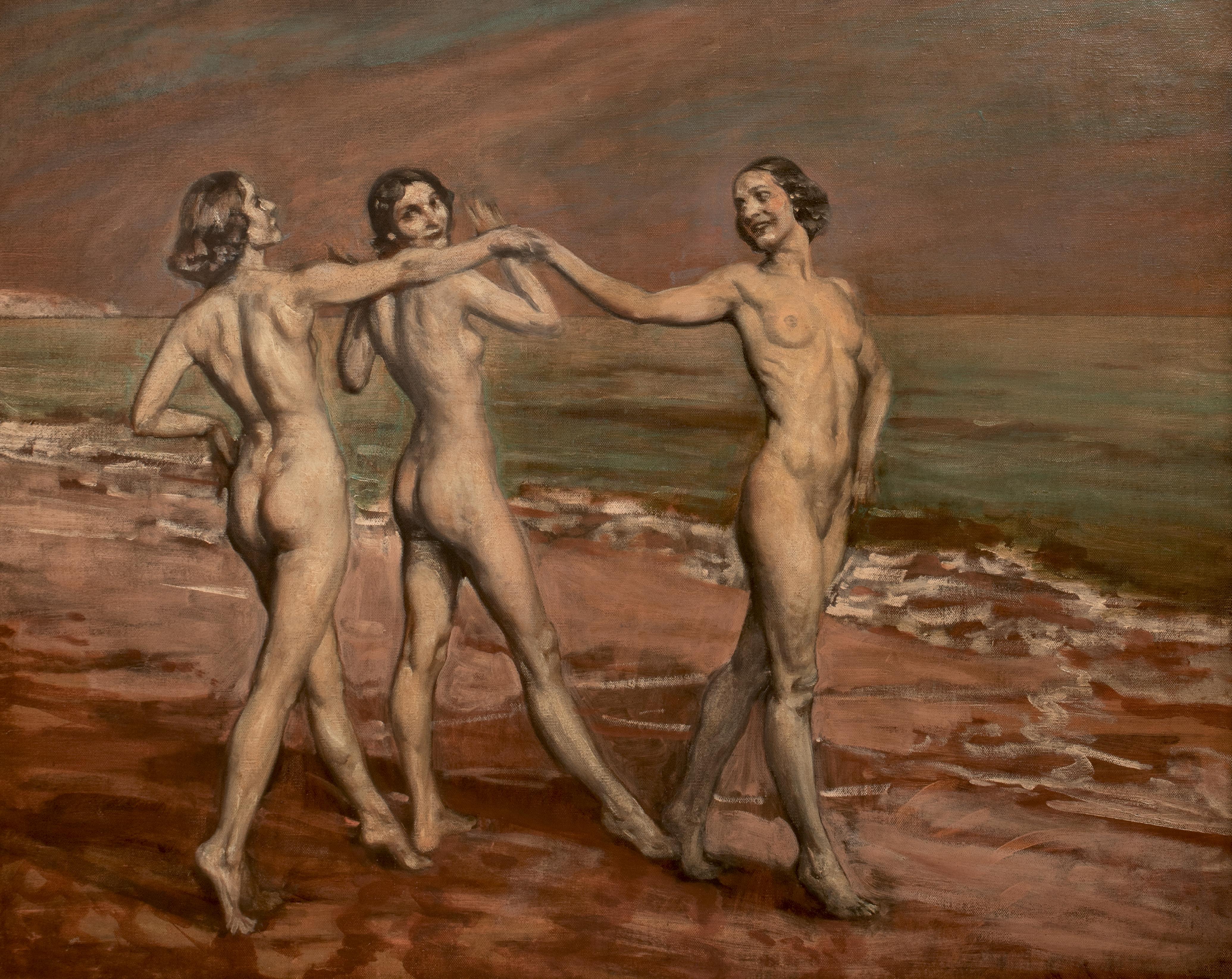 The Three Graces, circa 1930

English Symbolist School

Large circa 1930 English School scene of three nudes on a shore as The Three Graces, oil on canvas. Excellent quality and condition Symbolist period piece by an accomplished painter from the