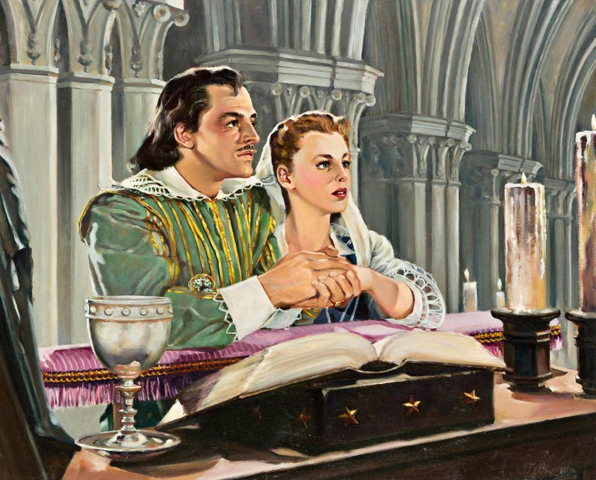 "The Three Musketeers." Paitning of scene from the 1948 MGM film starring Gene Kelly as D'Artagnan and June Allyson as Constance. 