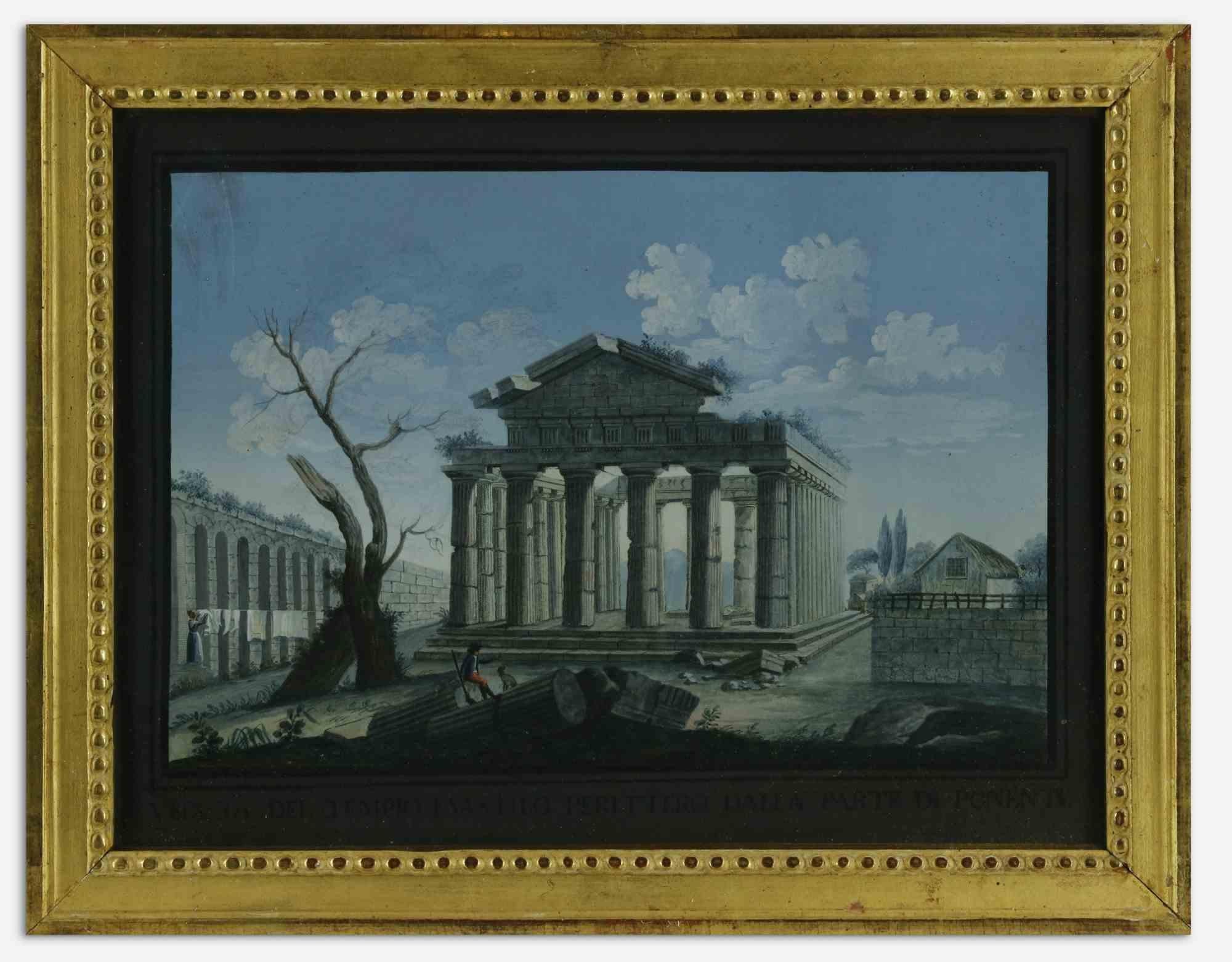 Unknown Landscape Painting – The Valley of the Temples – Gemischte, farbige Tempera auf Leinwand – Mitte des 19. Jahrhunderts