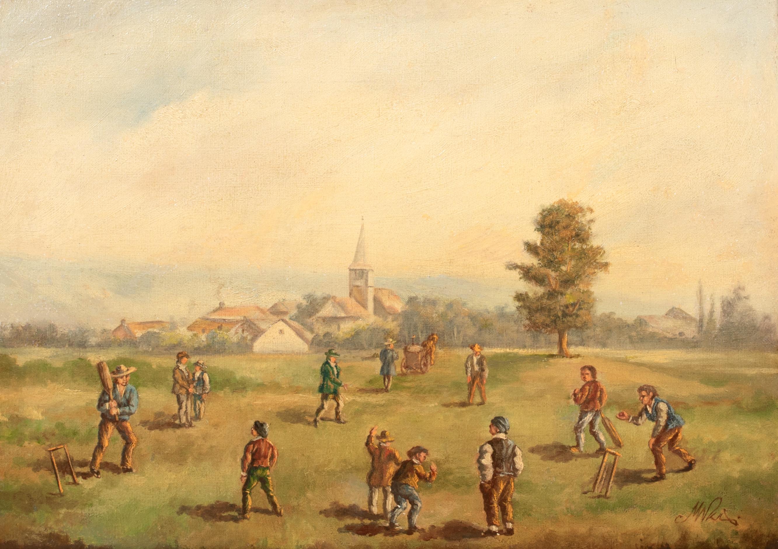 La partita di cricket del villaggio, 18°/19° secolo  English School - Portrait Painting Marrone di Unknown