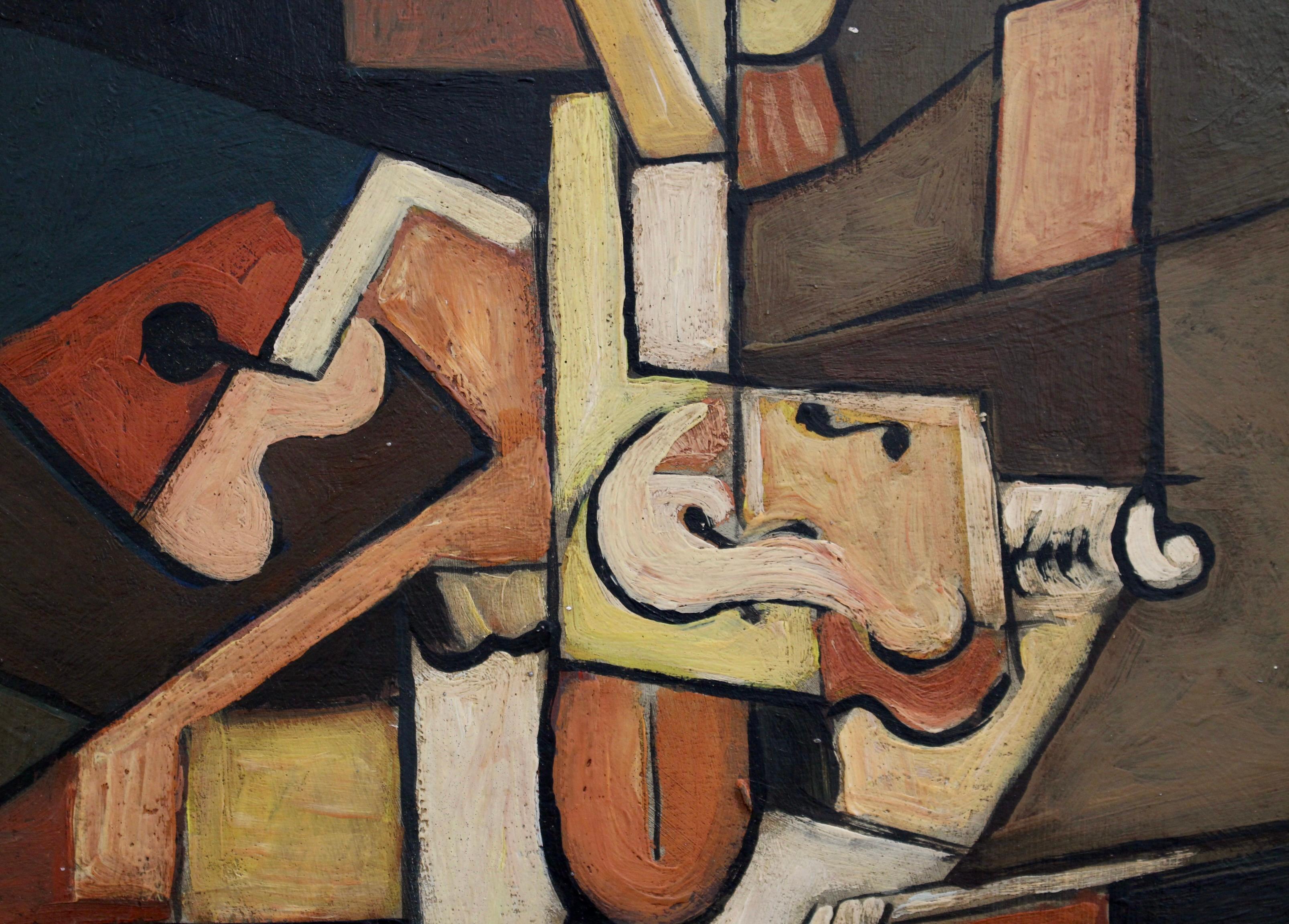 'The Violinist', oil on board, by J.G. (circa 1960s-1970s). Clearly inspired by Juan Gris' (1887-1927) and Georges Braque's (1882-1963) works, this painting is similar to experimental representations by both Braque and Picasso as well which