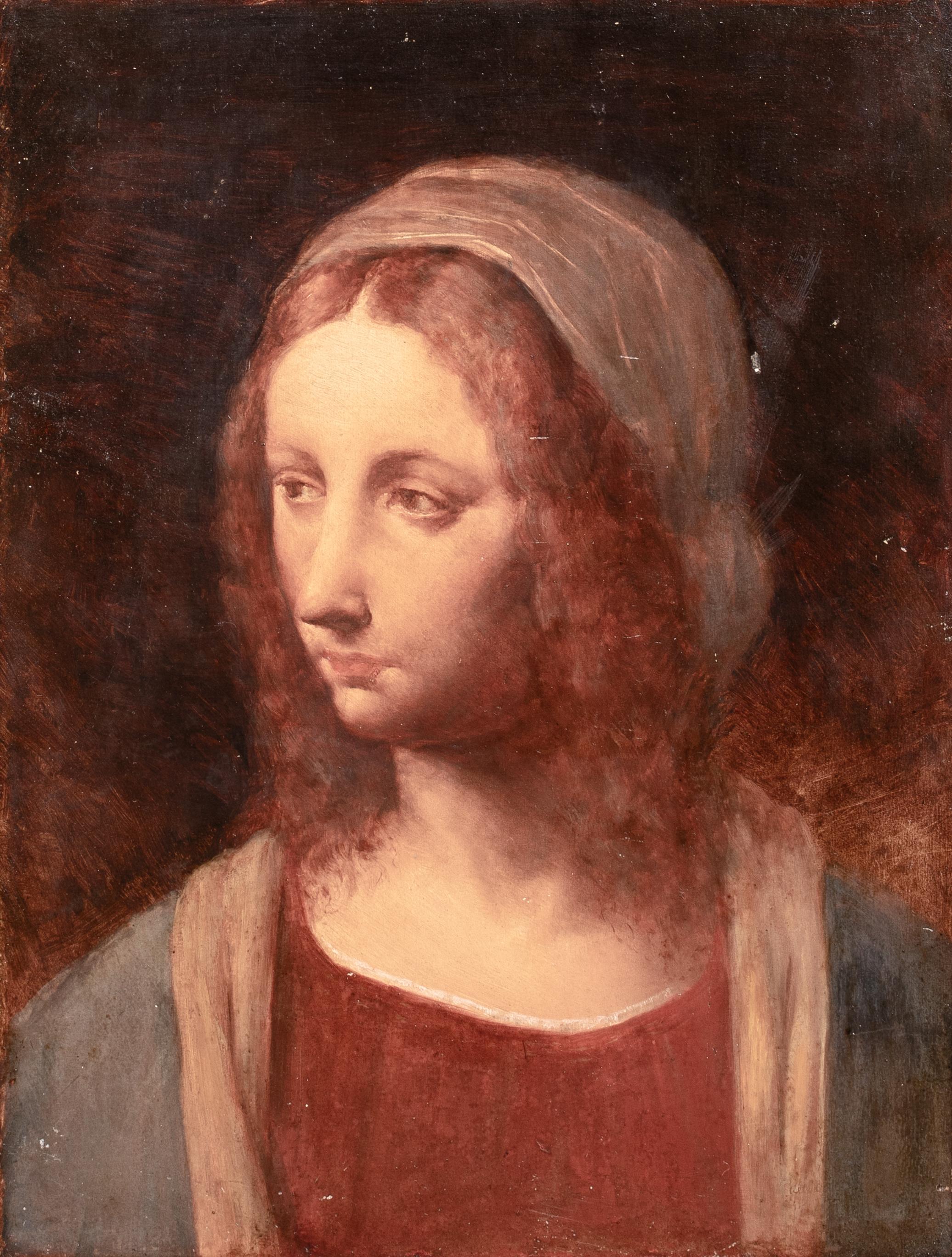 La Vergine Maria, olio su tavola - stile di Leonardo da Vinci  (1452-1519) - Portrait Painting Marrone di Unknown