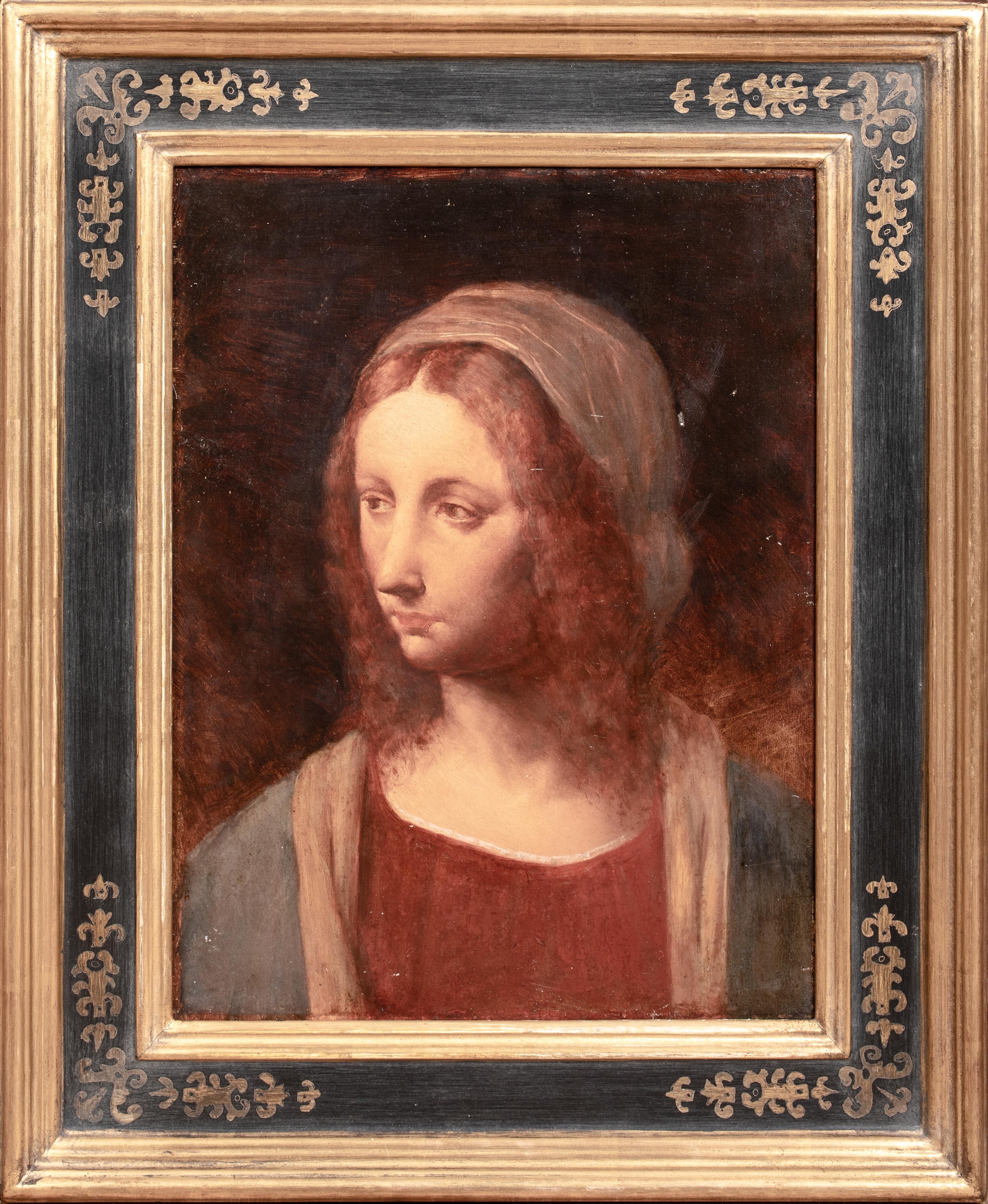 Portrait Painting di Unknown - La Vergine Maria, olio su tavola - stile di Leonardo da Vinci  (1452-1519)