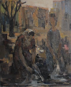 « Les lavandières » d'A. Clement, huile sur panneau, école française du XXe siècle