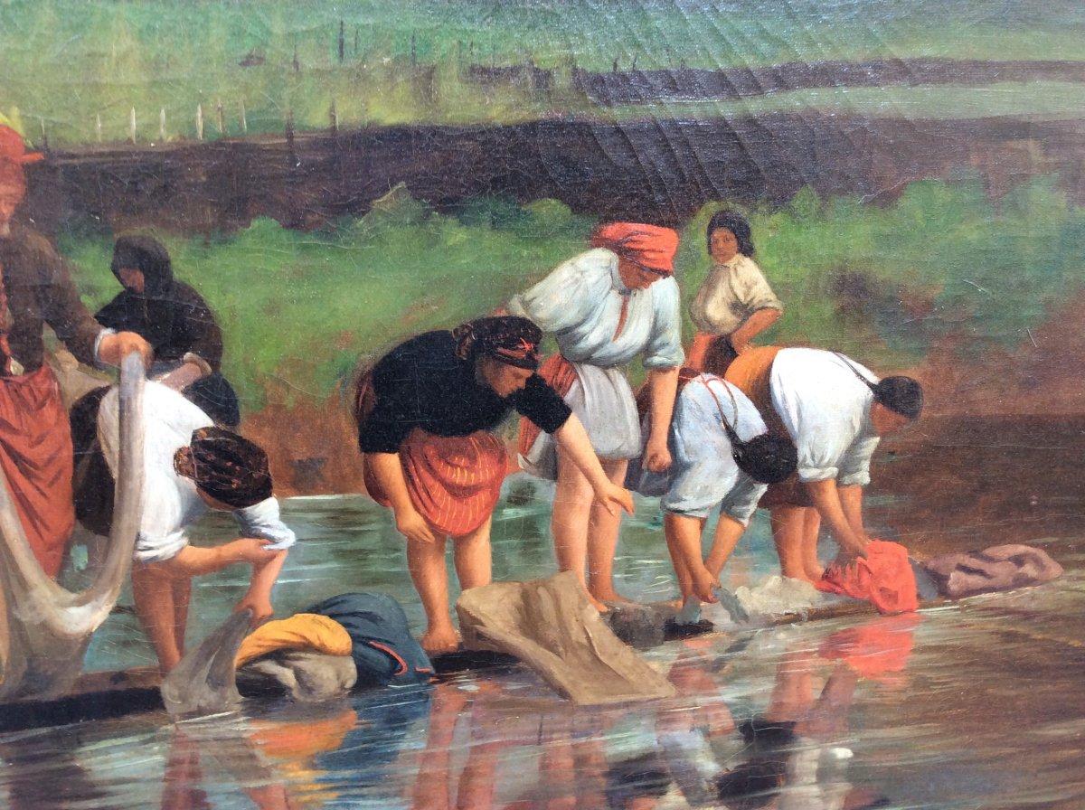 The Washerwomen - Eastern European school - Black Landscape Painting by Unknown