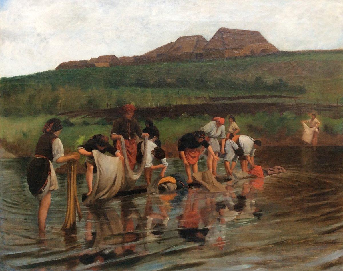 Unknown Landscape Painting - The Washerwomen - Eastern European school