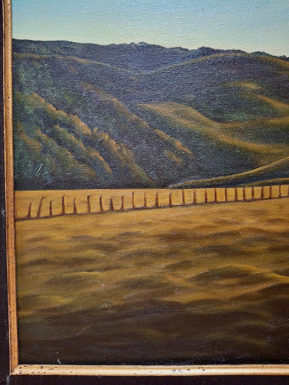 If you’ve been dreaming of owning a piece of Wyoming or Montana, this wide-horizons painting deserves a spot over your stone fireplace. Photographic in its crisp detail, the artist captures the subtle colors of the range in the velvet-like hills and