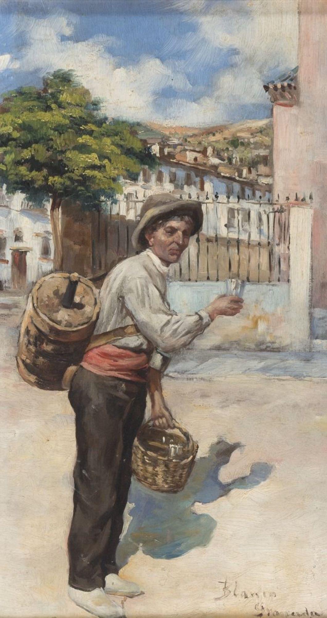 Unknown Figurative Painting - The Wine Seller - Oil on Wooden Panel signed "Blanco Granada" - 19th Century