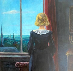 The woman by the window, the menorah: large poignant mysterious Jewish interior