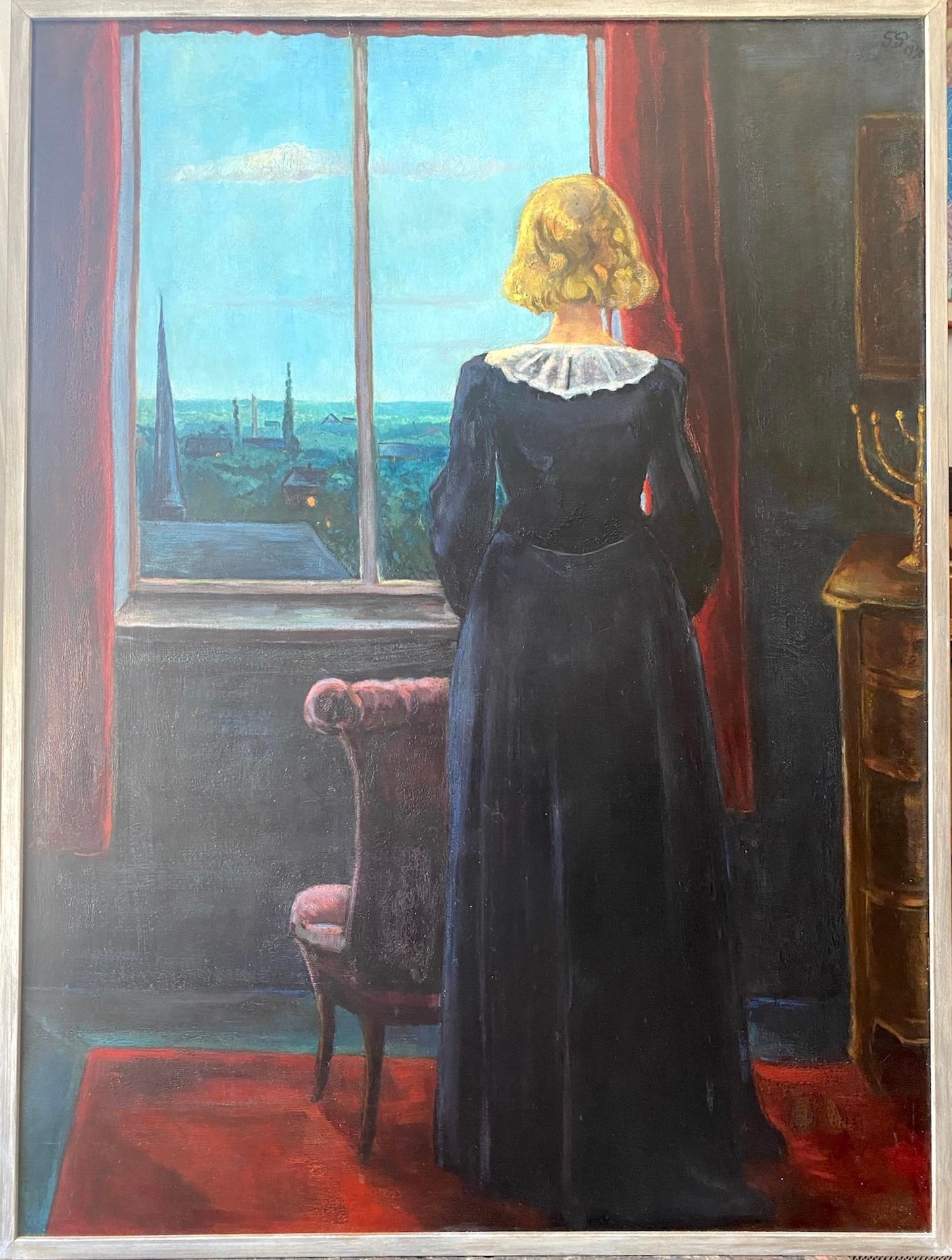 La mujer junto a la ventana, la menorá: gran interior judío misterioso y conmovedor - Painting Moderno de Unknown