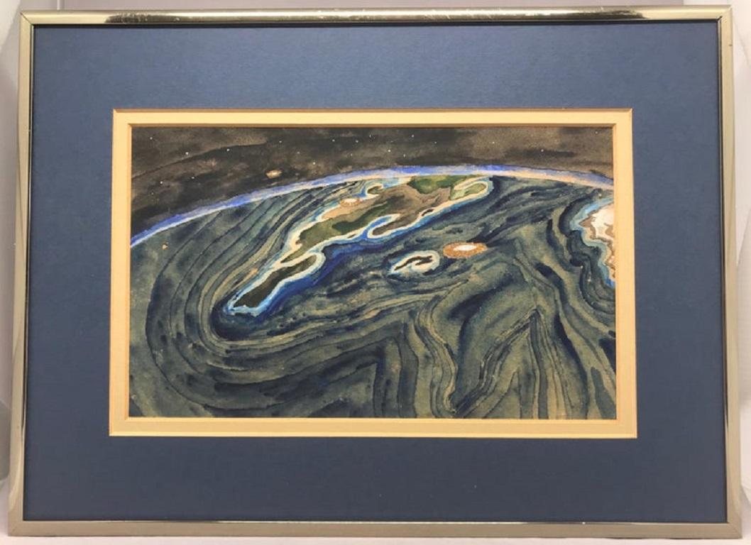 Le monde s'étend dans une immobilité silencieuse, Crowe, 1974-1975. Aquarelle vintage du monde dans son passe-partout bleu d'origine et son cadre en métal. Signé au verso 