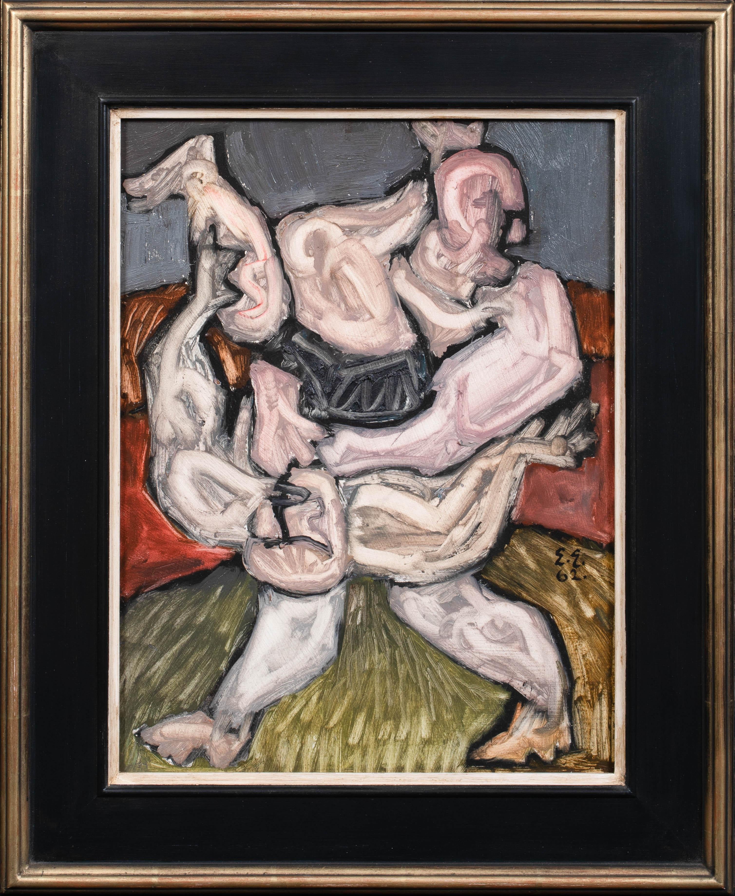Unknown Figurative Painting - The Wrestlers, dated 1962  signed EE dates 1962 