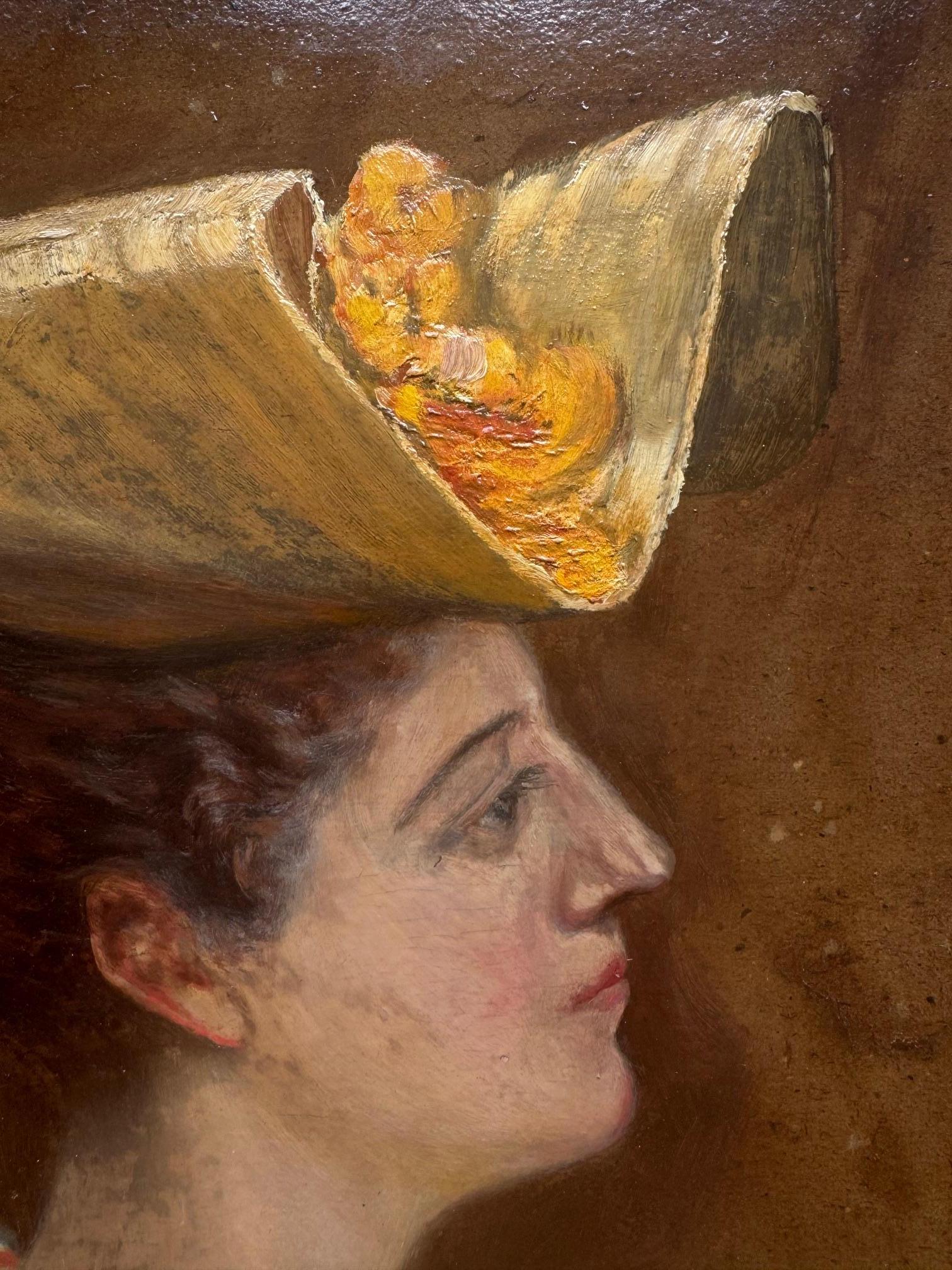 Fun early 20th century American Impressionist painting of a woman in a fancy hat. Heavy impostor, oil on artist board. Faint writing on verso - might be a signature. 16
