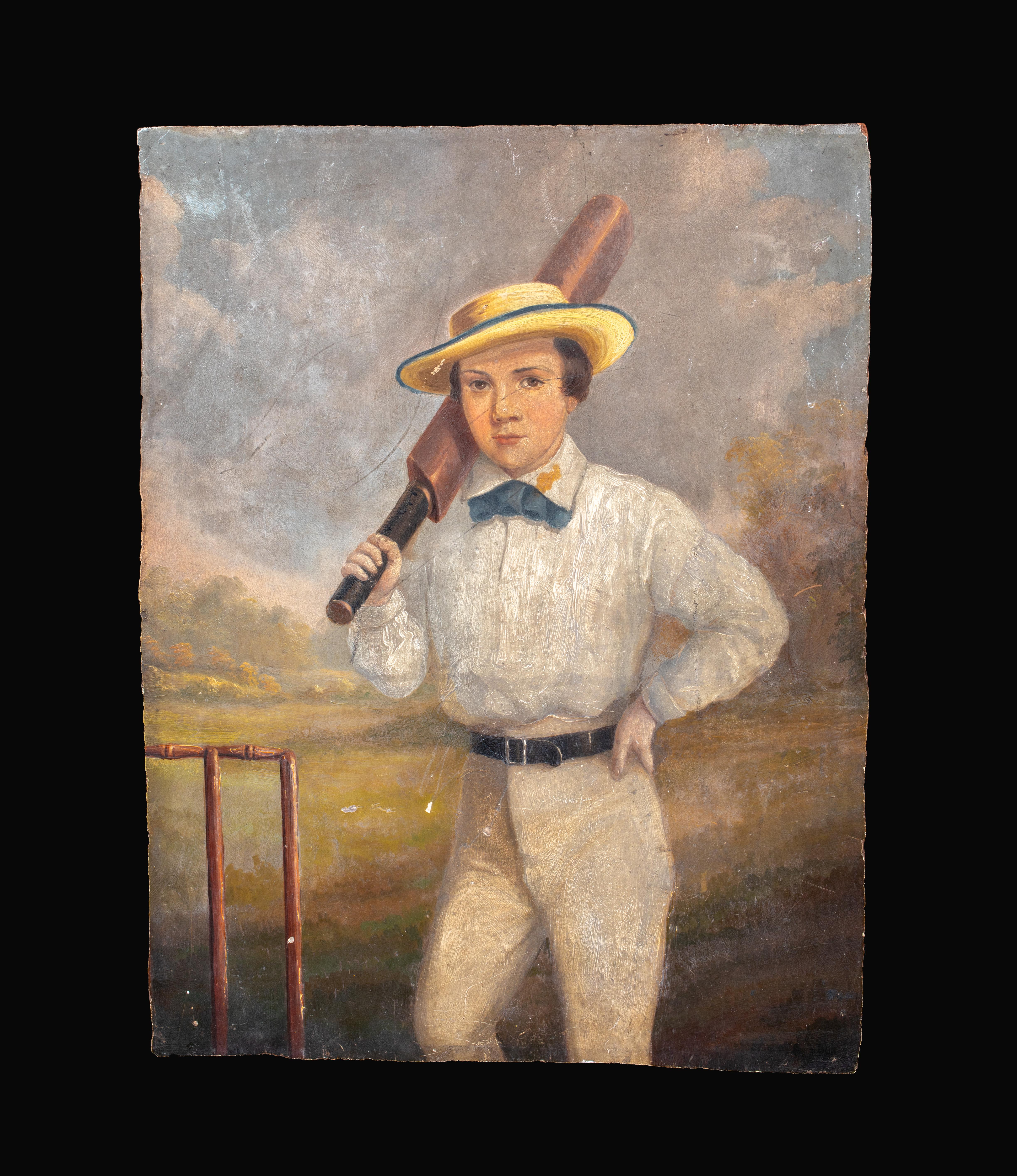 The Young Cricketer, 19th Century  English School - Painting by Unknown