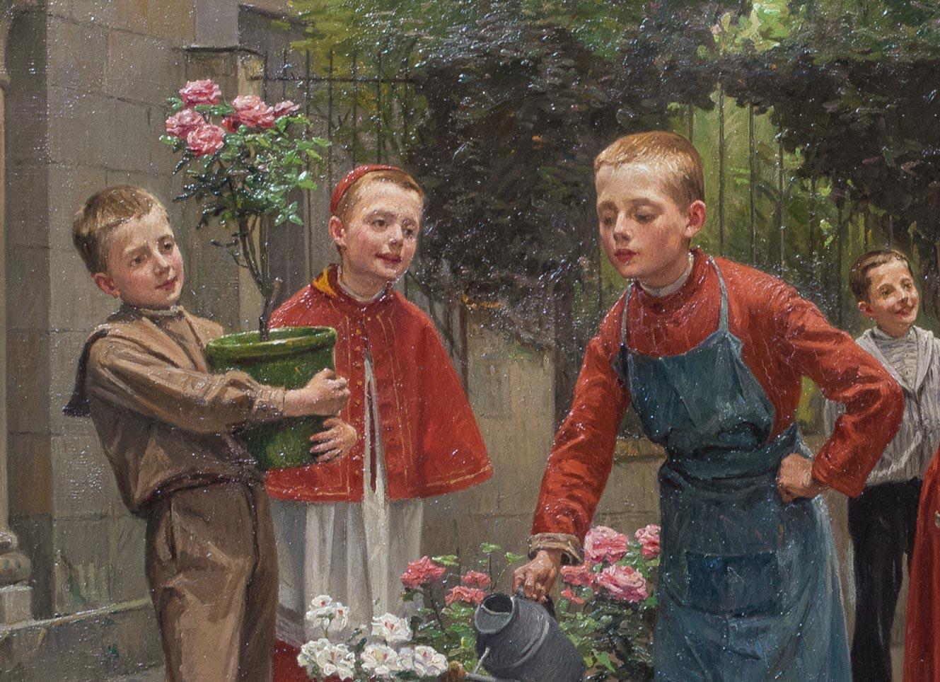 The Young Gardeners, 19th Century

by Charles Bertrand d'Entraygues (French, 1850-1929)

Large 19th Century French Monastery scene of young male gardeners, oil on canvas by Charles Bertrand d'Entraygues. Excellent quality and condition example of