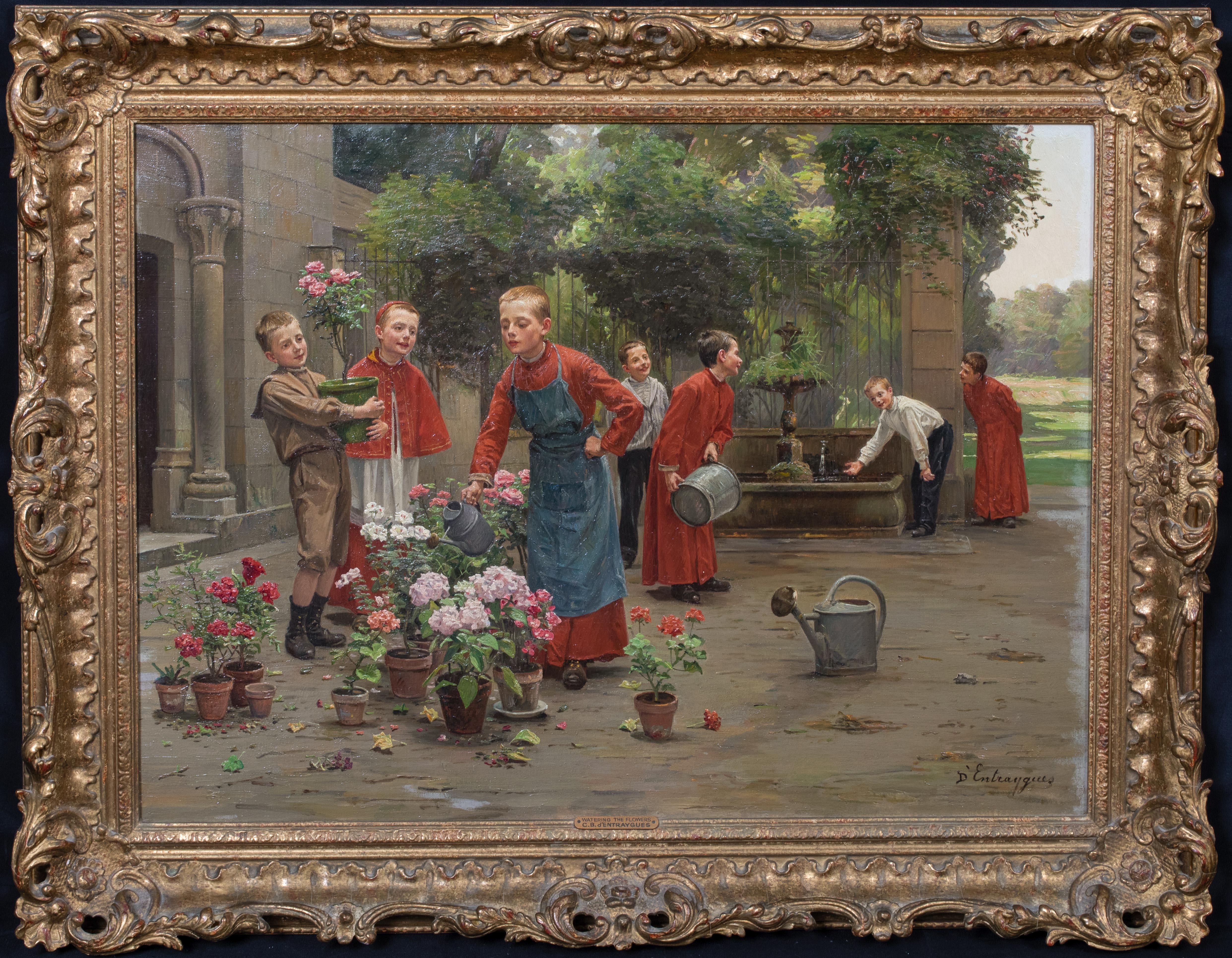 Unknown Landscape Painting - The Young Gardeners, 19th Century  by Charles Bertrand d'Entraygues