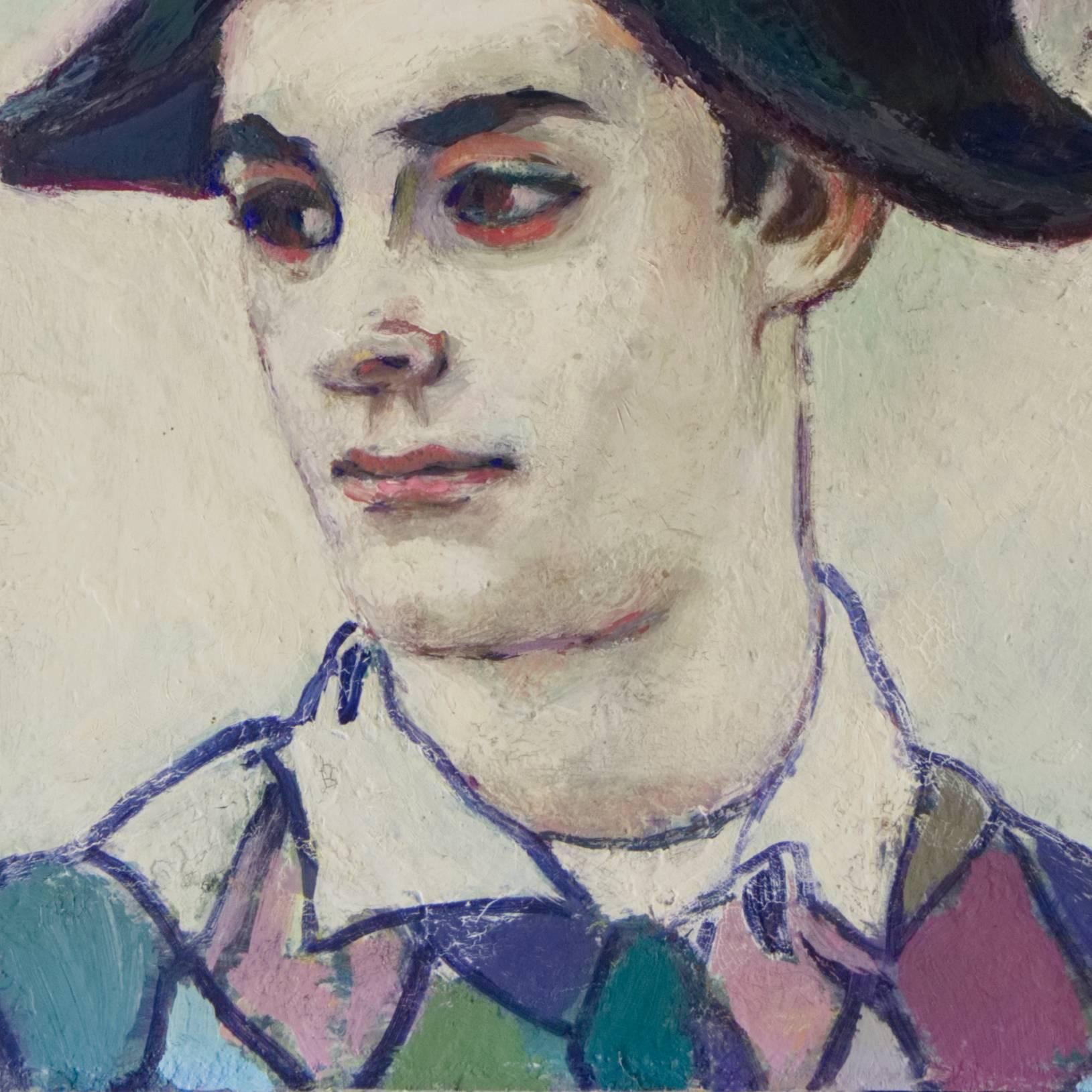 American School, unsigned and painted circa 1950.

A dramatic, American school portrait showing a young man dressed as Harlequin and gazing contemplatively away from the viewer. The subject's striking features and multicolored costume contrast