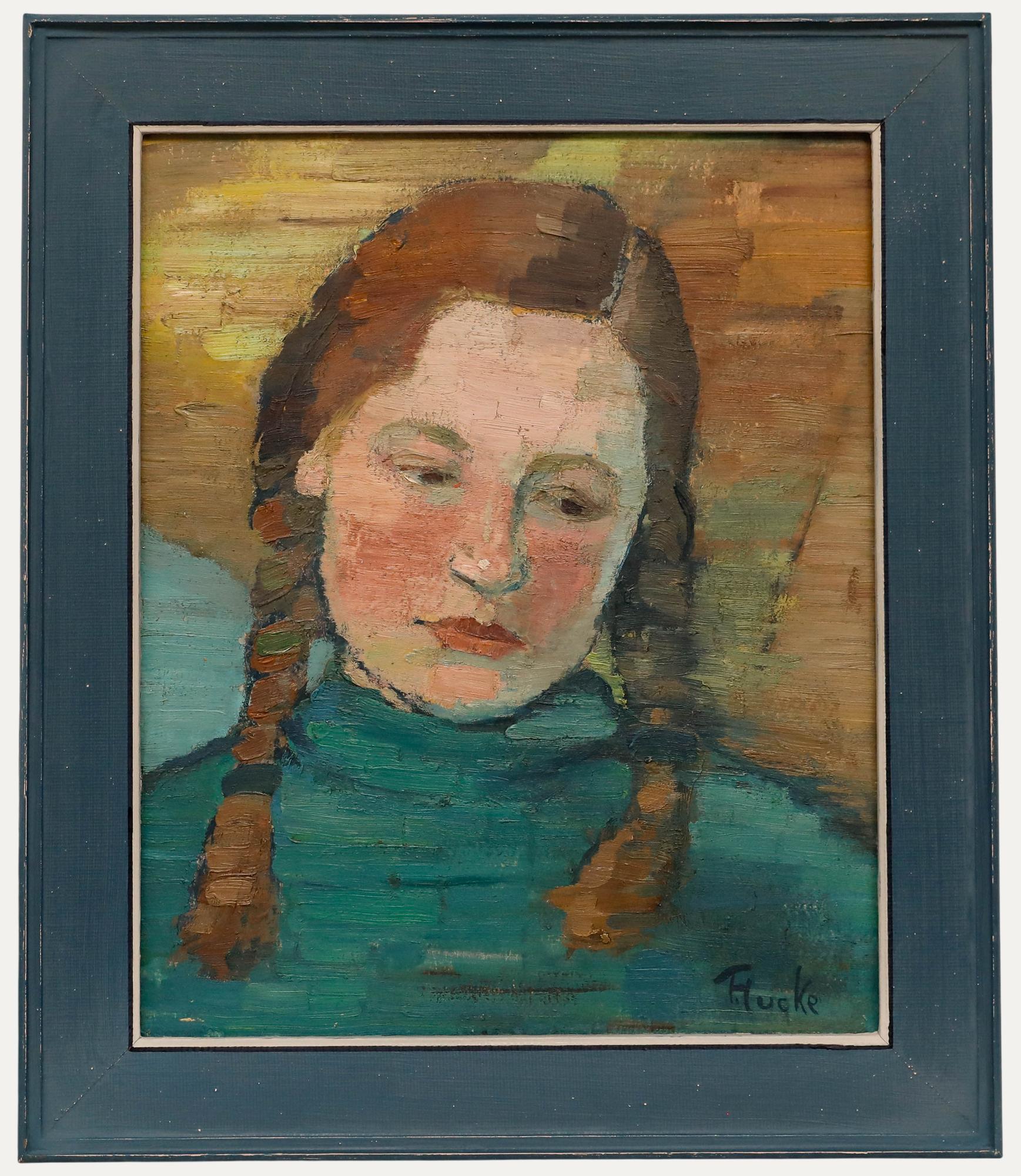 Thea Hucke (1893-1970) - Huile encadrée du milieu du 20e siècle, jeune fille aux tresses