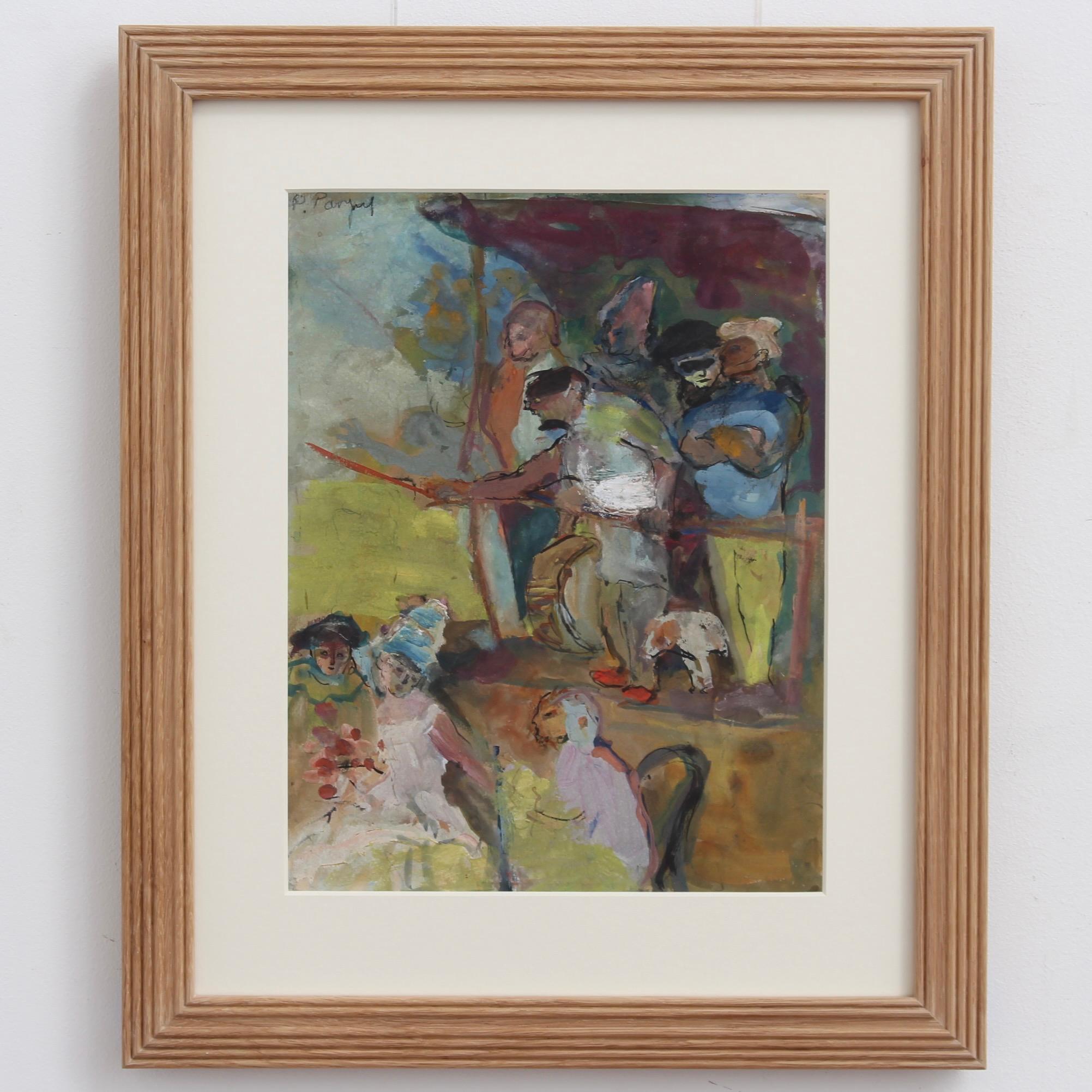 'Theatre in the Park' gouache on art paper, French School (circa 1930s, signature unknown). A charming vignette of costumed performers in an open air theatre delights the viewer. There is something akin to the work of Marc Chagall in this depiction.