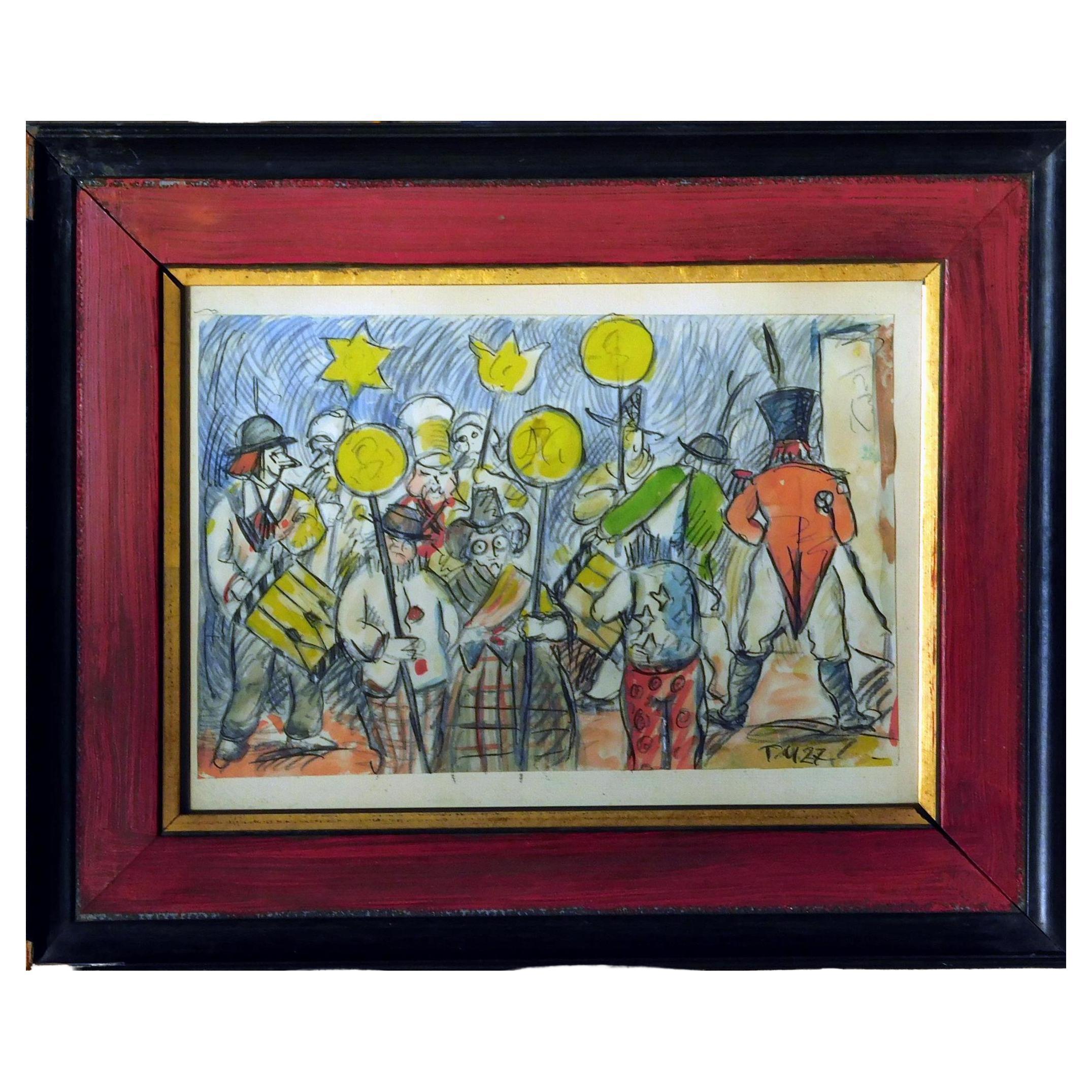 Landscape Painting de Unknown - Theobald Modespacher Acuarela original, 1927, Escena de circo