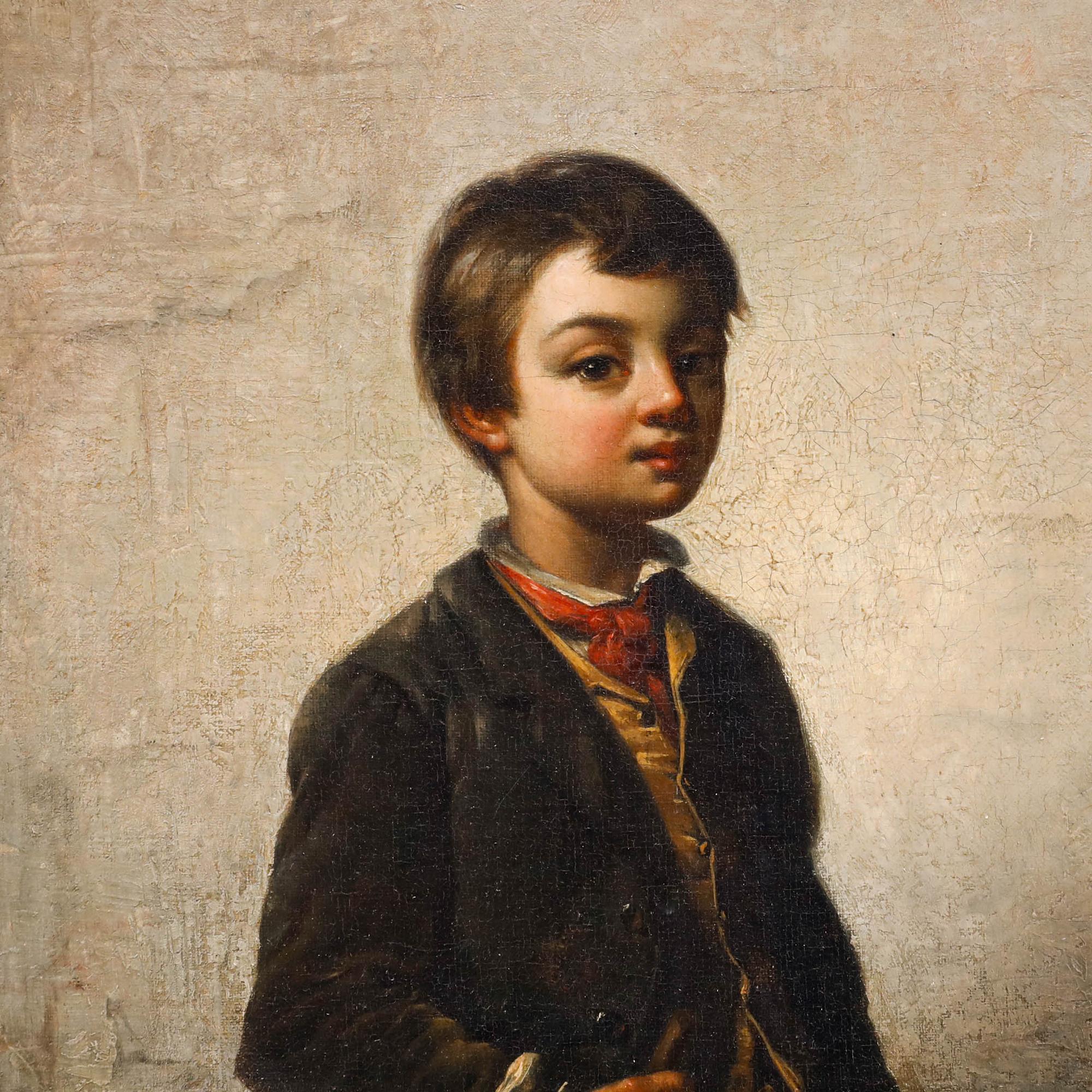 Bonito retrato que representa a un niño erizo descalzo con una escoba en la mano. A pesar de sus ropas harapientas, el muchacho mantiene una expresión orgullosa y mantiene la postura con firmeza. Firmado en la parte inferior derecha. Bien presentado