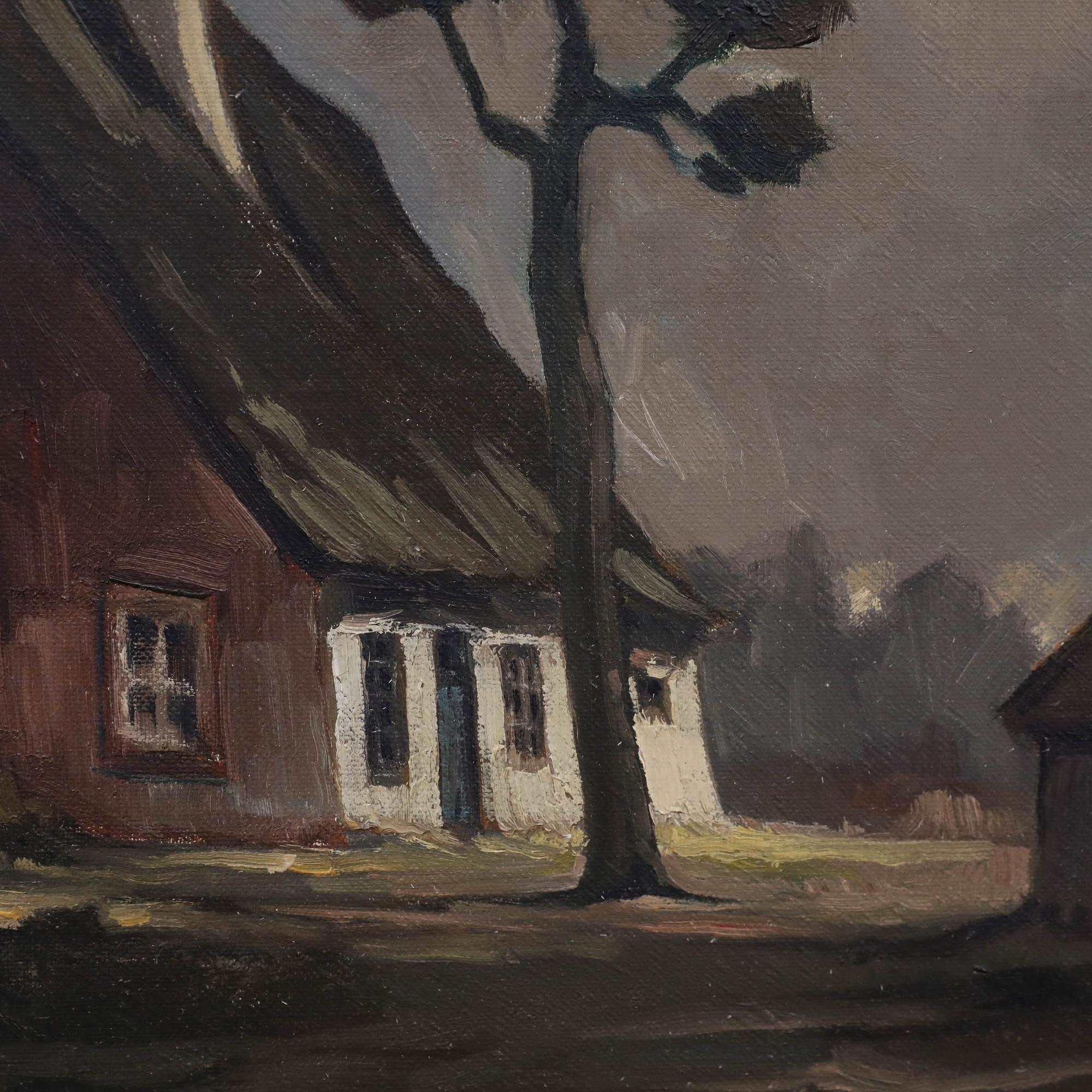 Das Mondlicht scheint hinter den Wolken hervor und beleuchtet in dieser stimmungsvollen Szene des Künstlers Theodore Op de Beeck (1901-1993) bescheidene Bauernhäuser und einen Vogelkasten in einem Baum. Signiert unten links. Gut präsentiert in einem