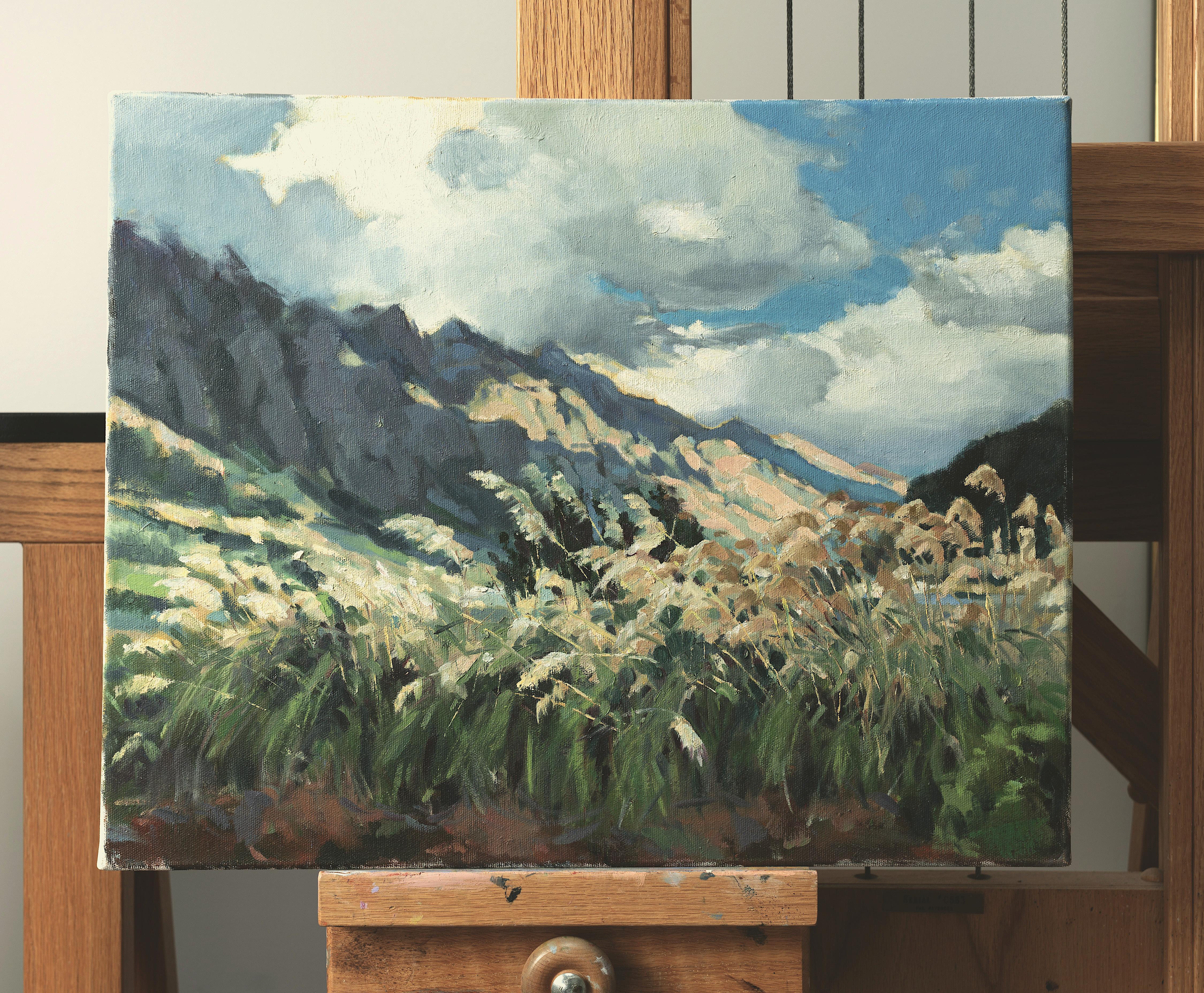 Peinture - Paysage aérien Thinly Veiled Disguise (Plein Air Landscape - Couleurs bleu vert et jaune)  - Gris Landscape Painting par Jane Chapin