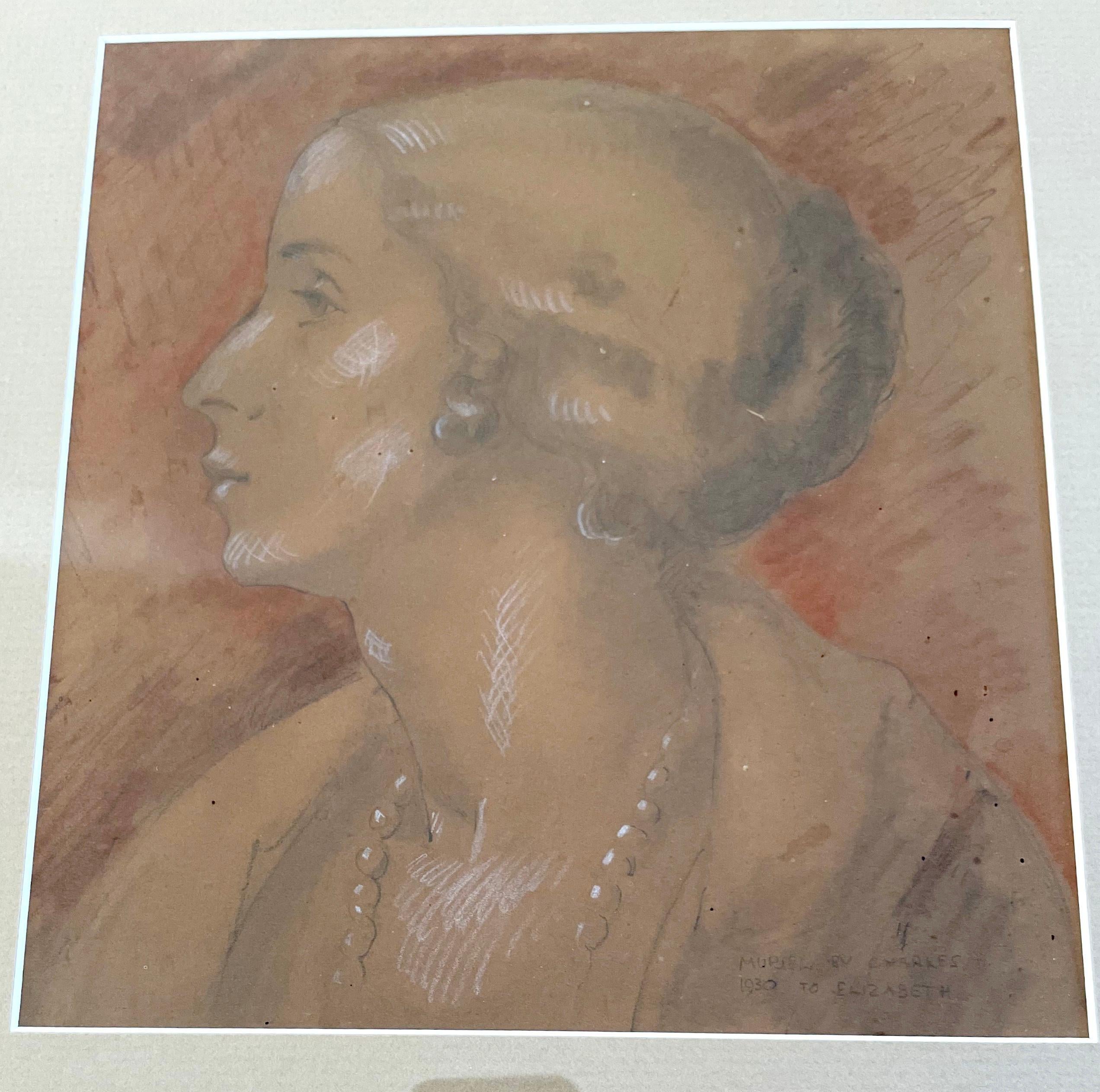 Thirties female portrait. Chalk drawing in original silver gilt carved frame “Muriel 1930 by Charles to Elizabeth