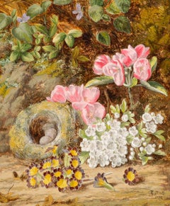 Thomas Collins (1835-1893) - Framed 1874 Oil, Still life with Bird's Nest