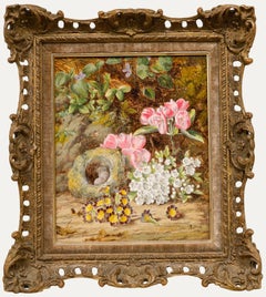Antique Thomas Collins (1835-1893) - Framed 1874 Oil, Still life with Bird's Nest
