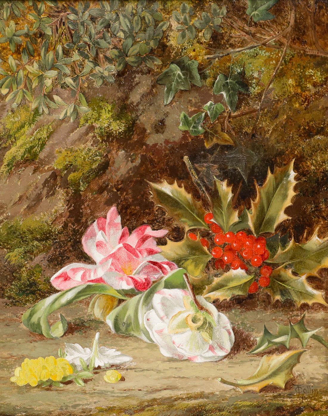 Thomas Collins (1835-1893) - Óleo enmarcado de 1874, Naturaleza muerta con acebo y flores - Painting de Unknown