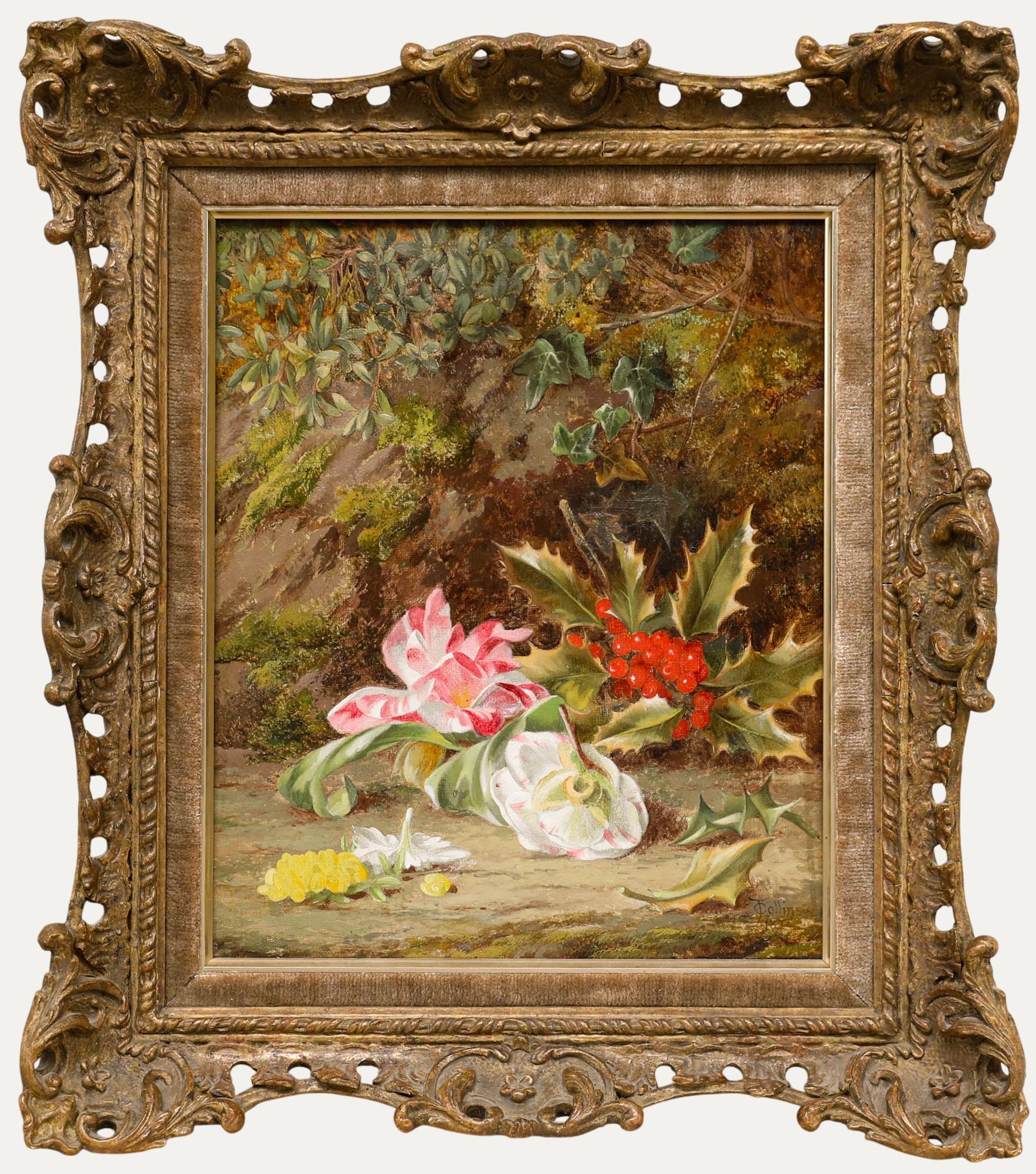 Thomas Collins (1835-1893) - Gerahmtes Öl von 1874, Stillleben mit Stechpalmen und Blumen