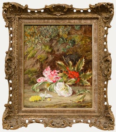 Thomas Collins (1835-1893) - Gerahmtes Öl von 1874, Stillleben mit Stechpalmen und Blumen