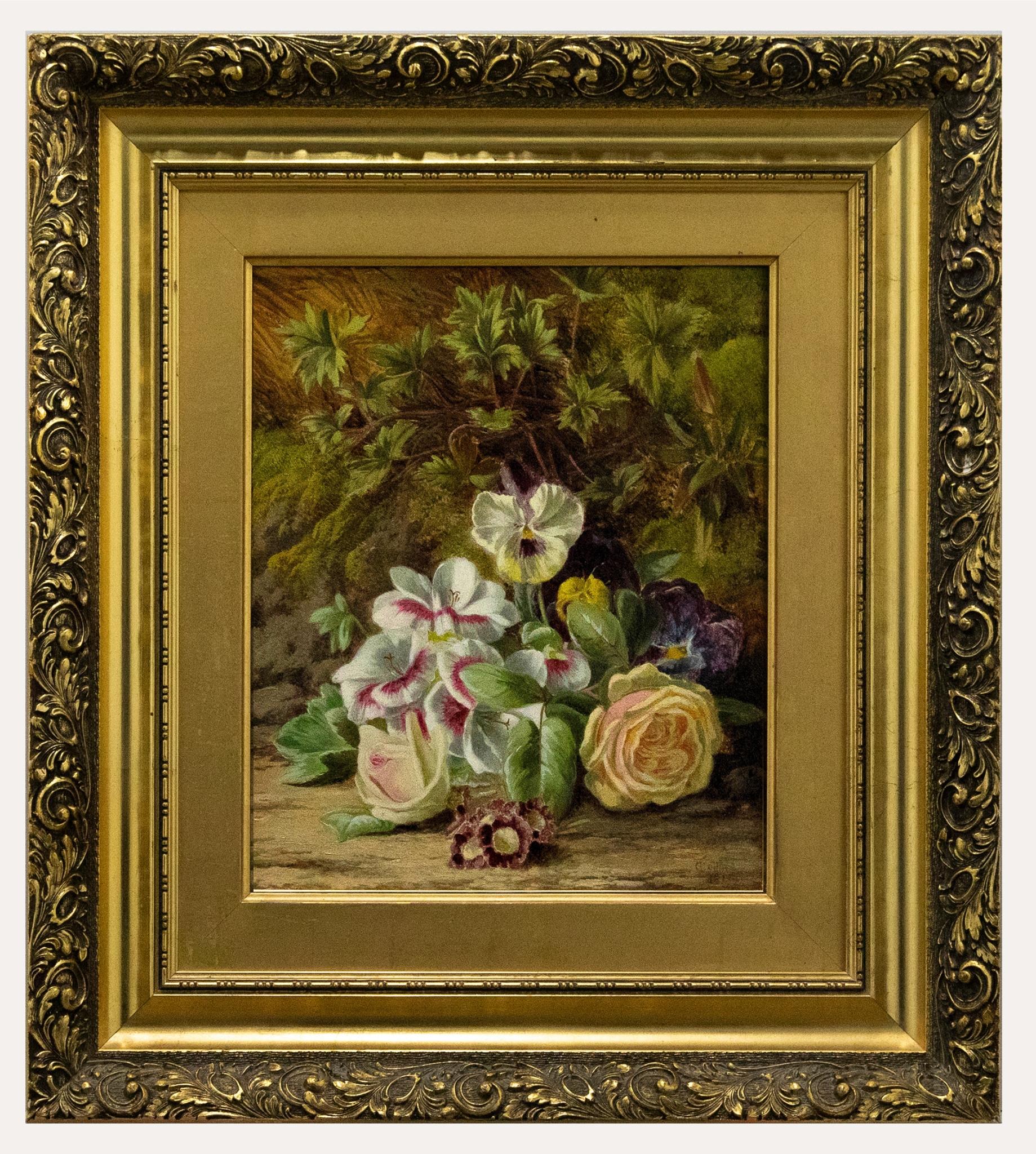 Unknown Still-Life Painting – Thomas Collins (fl.1857-1893) - Gerahmtes Ölgemälde, Pansies und Primroses