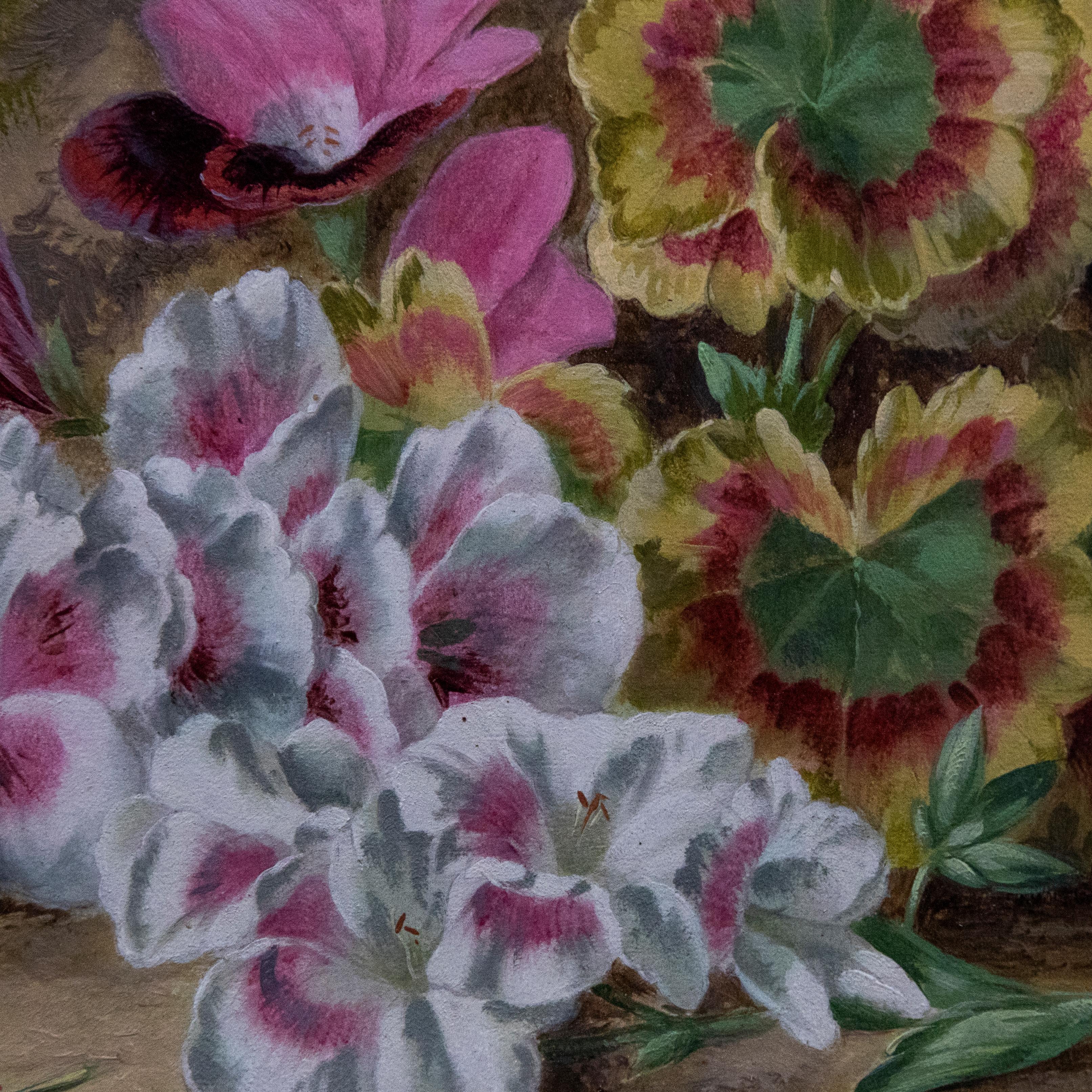 Thomas Collins (fl.1857-1893) - Framed Oil, Pink Primrose & Geranium Leaves 1
