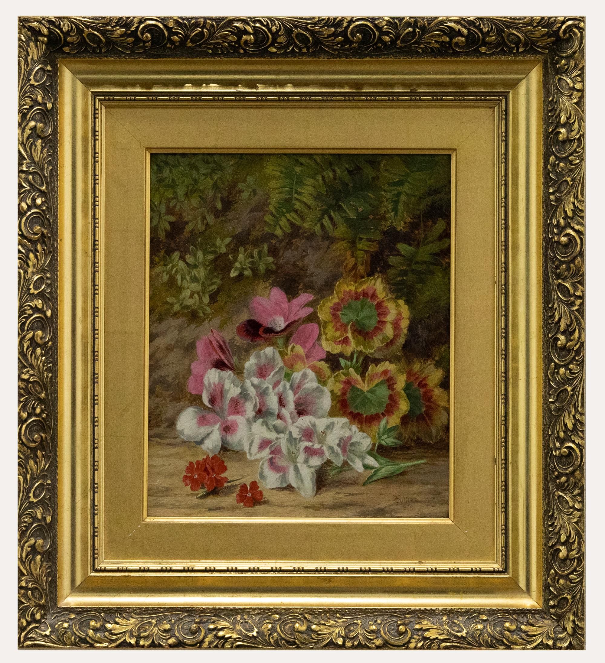 Unknown Still-Life Painting - Thomas Collins (fl.1857-1893) - Framed Oil, Pink Primrose & Geranium Leaves