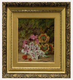 Antique Thomas Collins (fl.1857-1893) - Framed Oil, Pink Primrose & Geranium Leaves