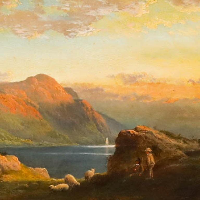 Un magnifico paesaggio gallese dell'artista britannico Thomas II Whittle (nato nel 1856-1897). Ora serale a Penmaen-Bach. Firmato e datato (1867) in basso a destra. Ben presentato in una bella cornice con effetto dorato, con vari motivi e una