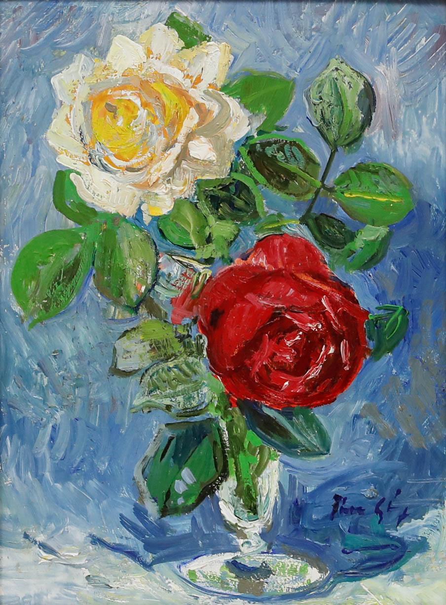 Thomas Rauer - Olio della metà del XX secolo incorniciato, Rose in un vaso di vetro - Painting di Unknown