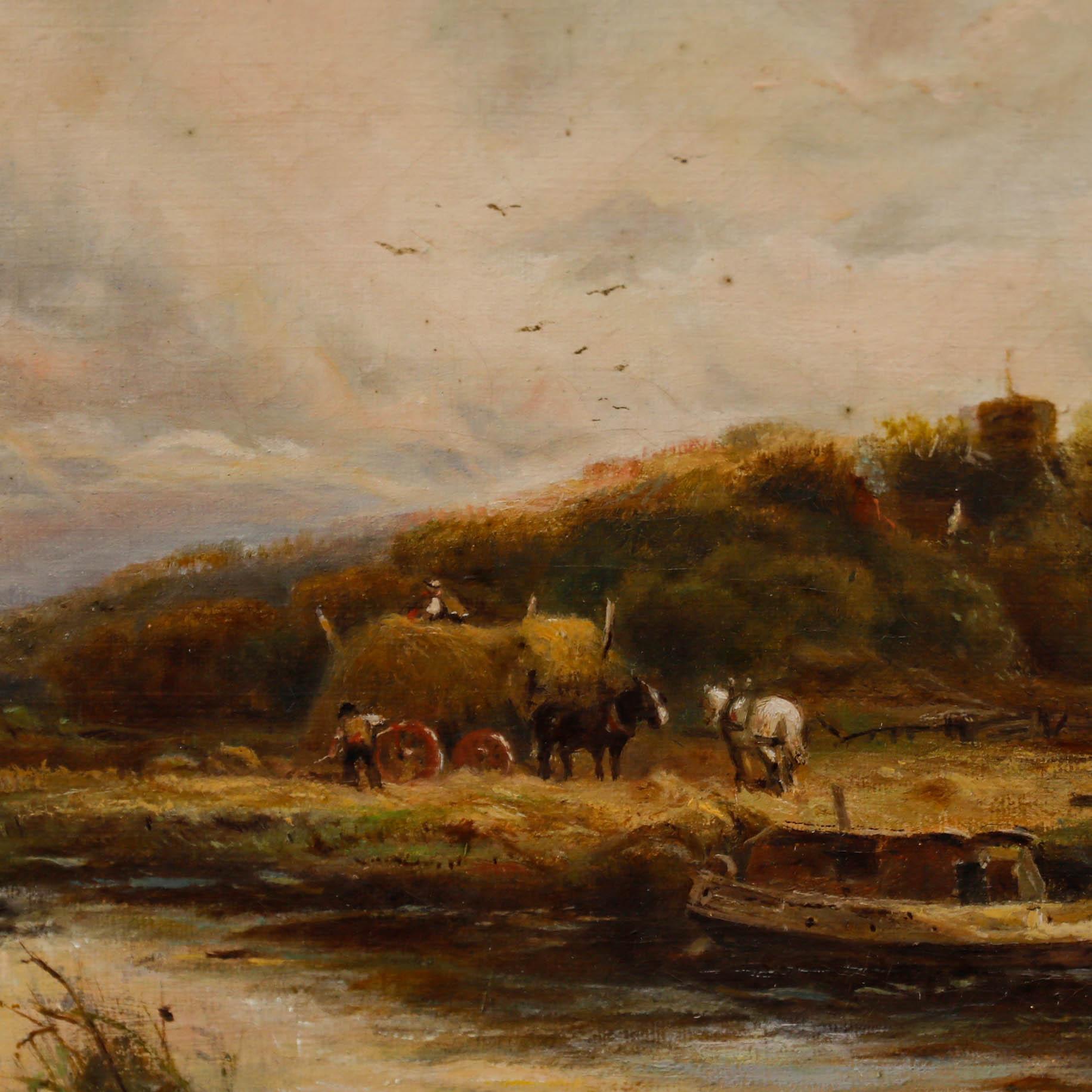 A charming harvest scene depicting farm workers piling hay onto a horse-drawn cart from across the river. Signed and dated to the lower right. Presented in a gilt frame. On canvas.
