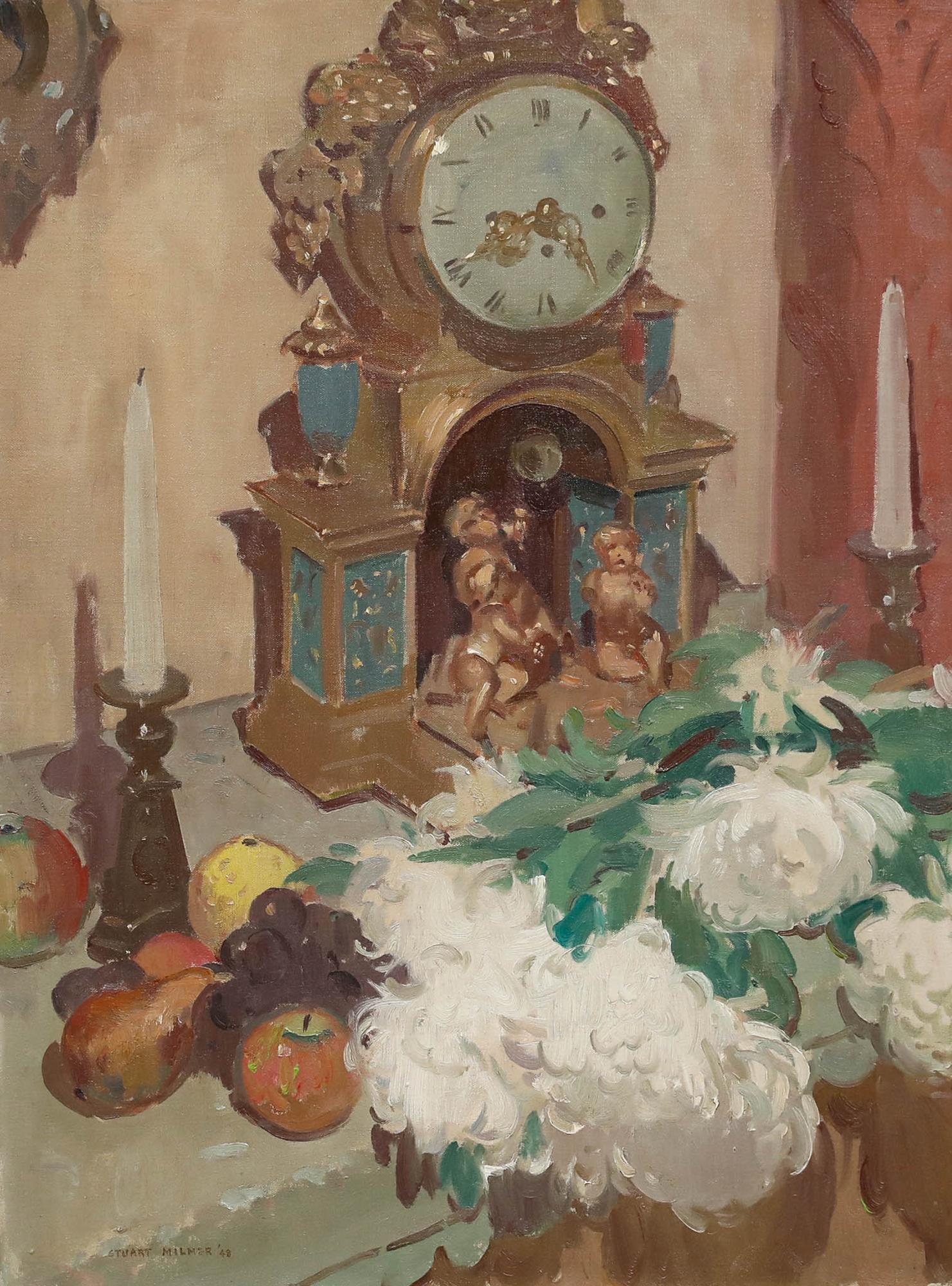 Thomas Stuart Milner (1909-1969) - 1948 Öl, Manteluhr und Blumen – Painting von Unknown